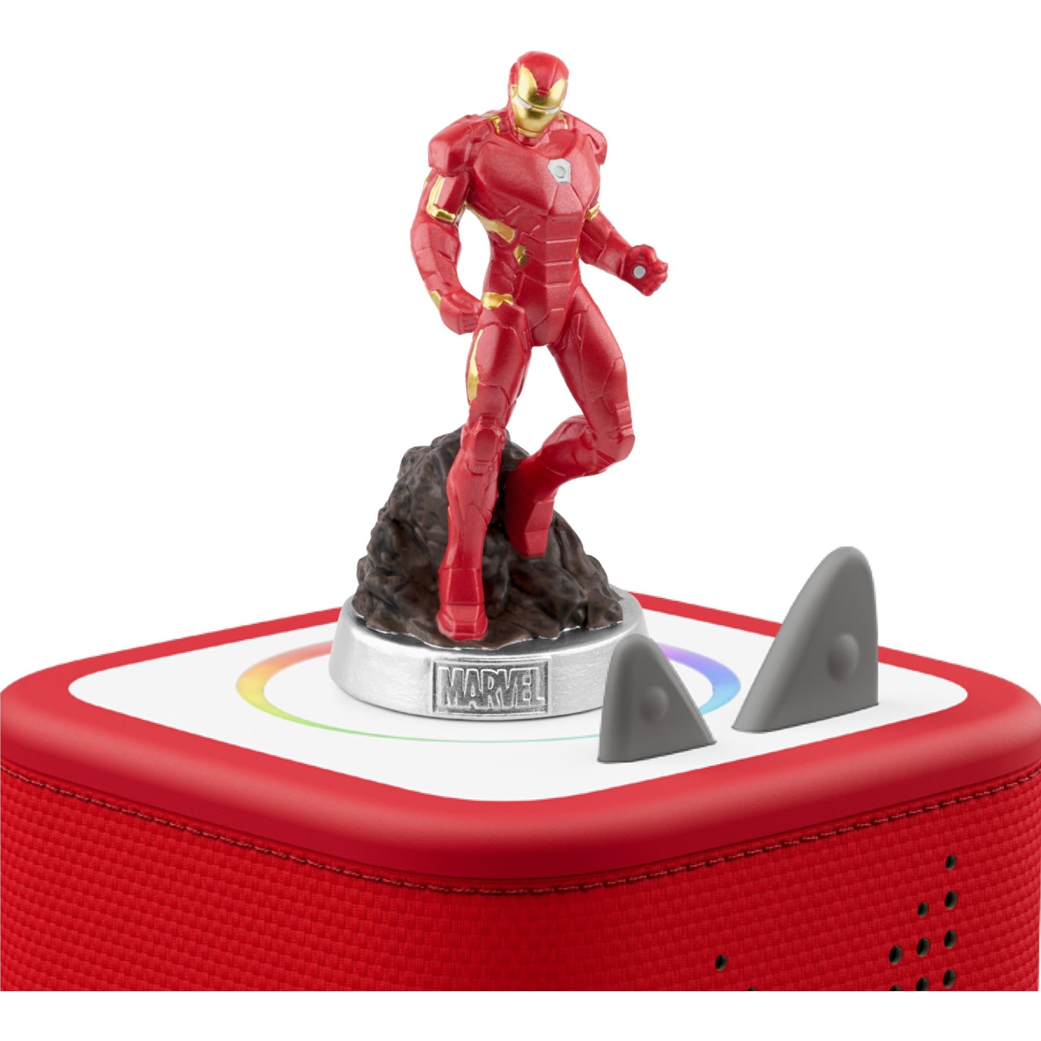 Iron Man character figure standing on red Tonie speaker with built-in icon top