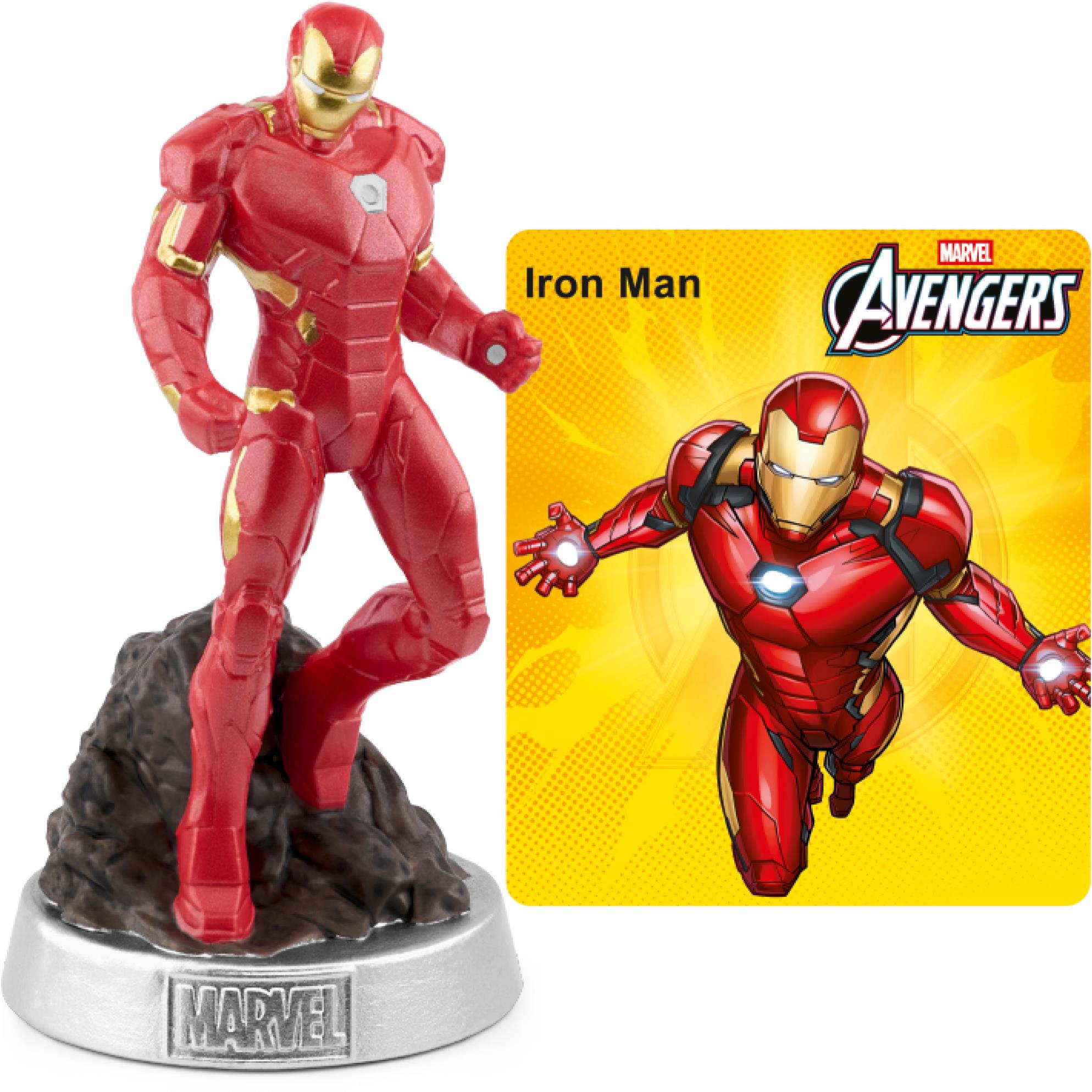 Iron Man character figure on black rocky base beside Avengers-themed artwork card