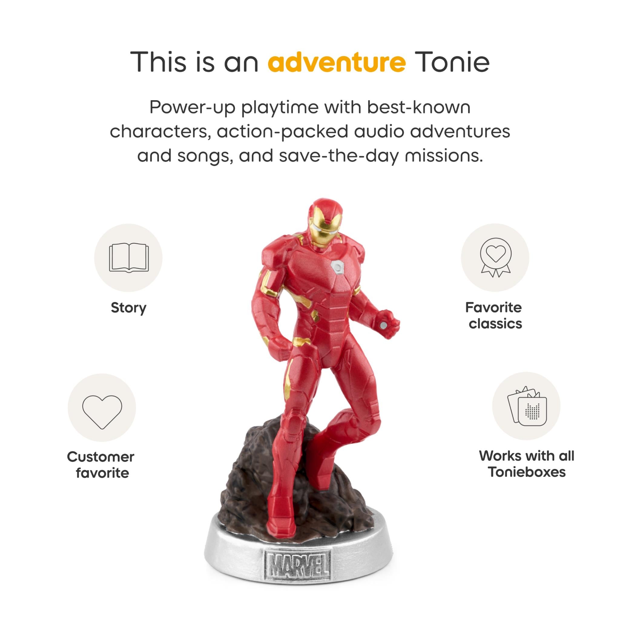 Iron Man character tonie figure on a white info panel with feature icons