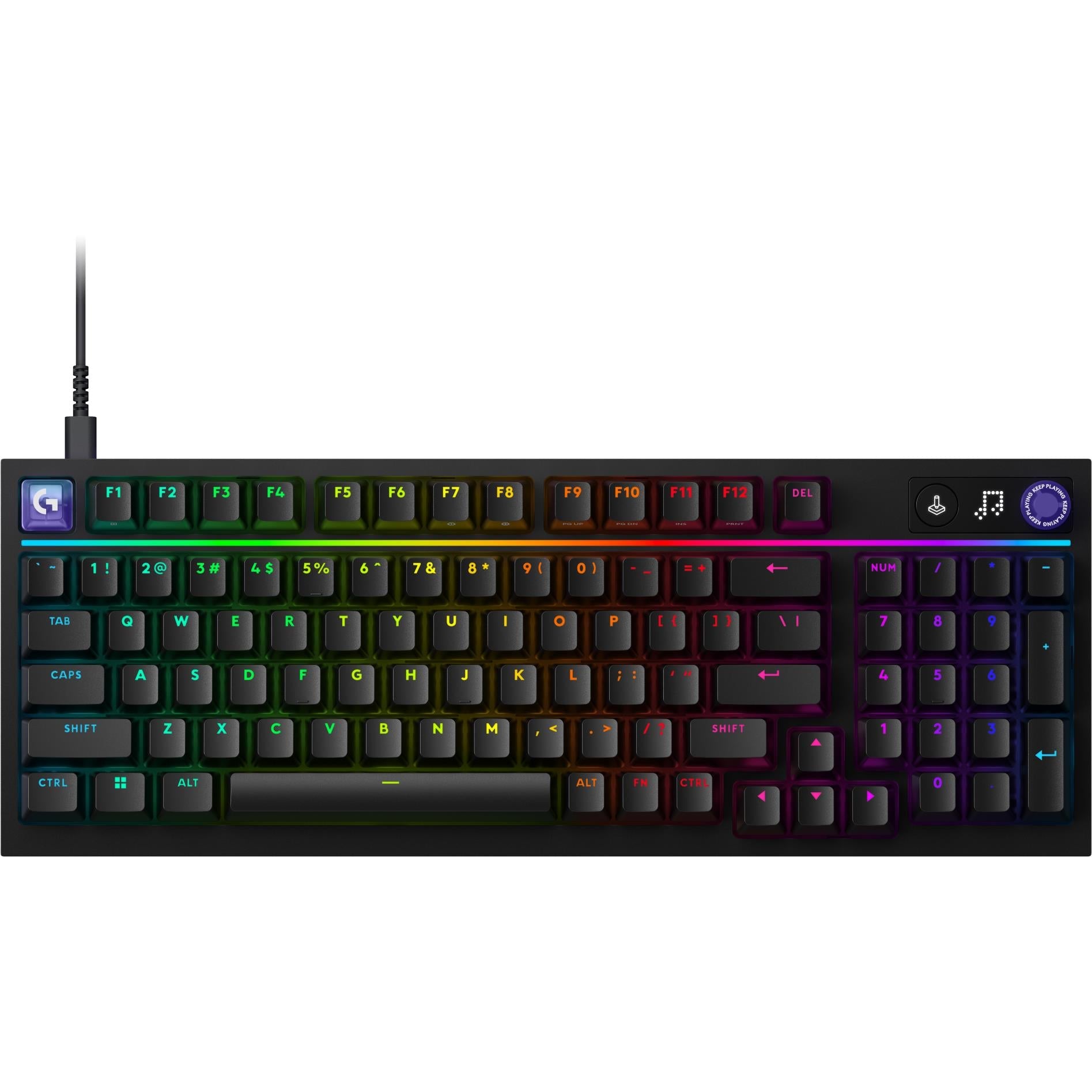 Black mechanical keyboard showing RGB backlit key layout with function and arrow keys