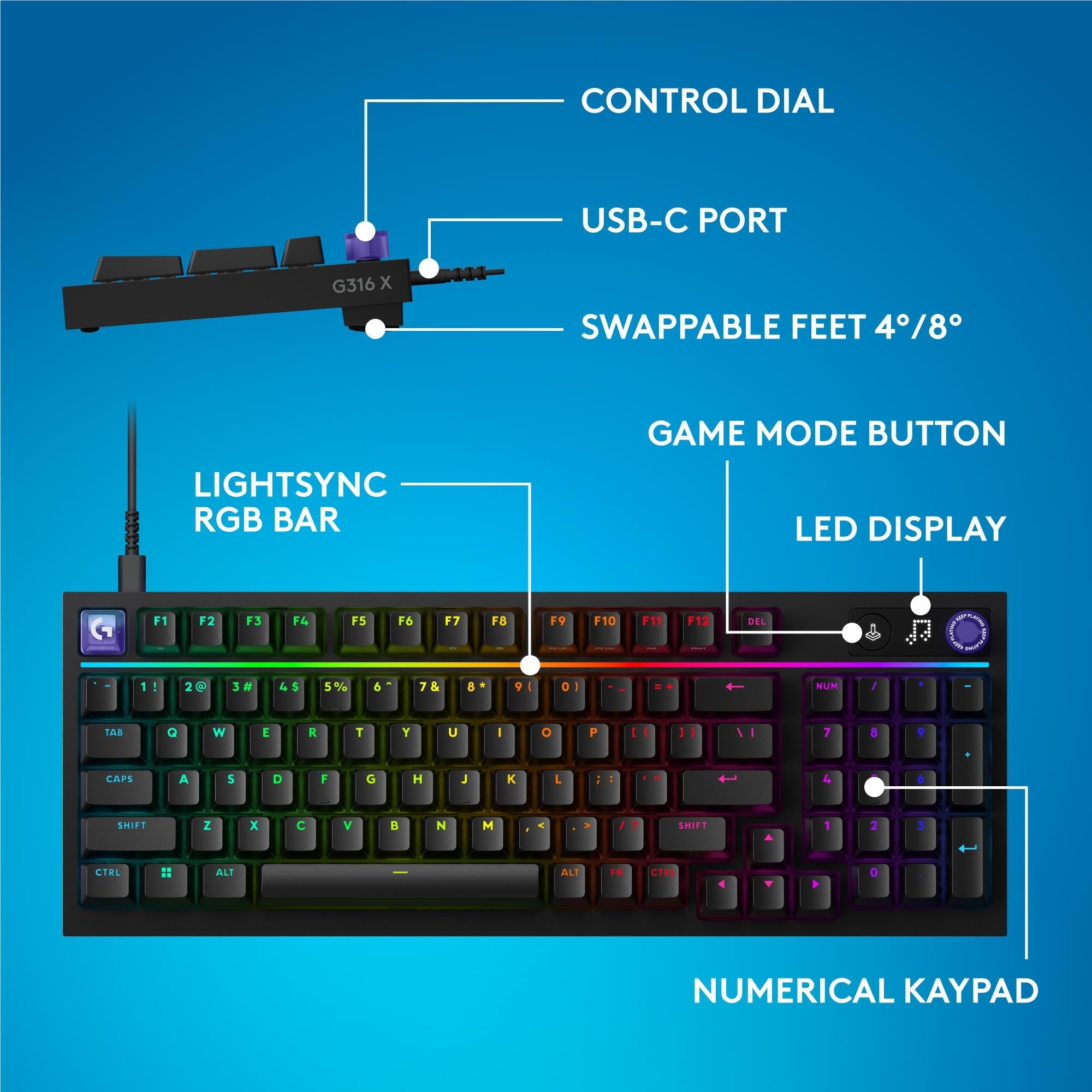 Black wired mechanical gaming keyboard with RGB backlight, control dial, and USB-C port