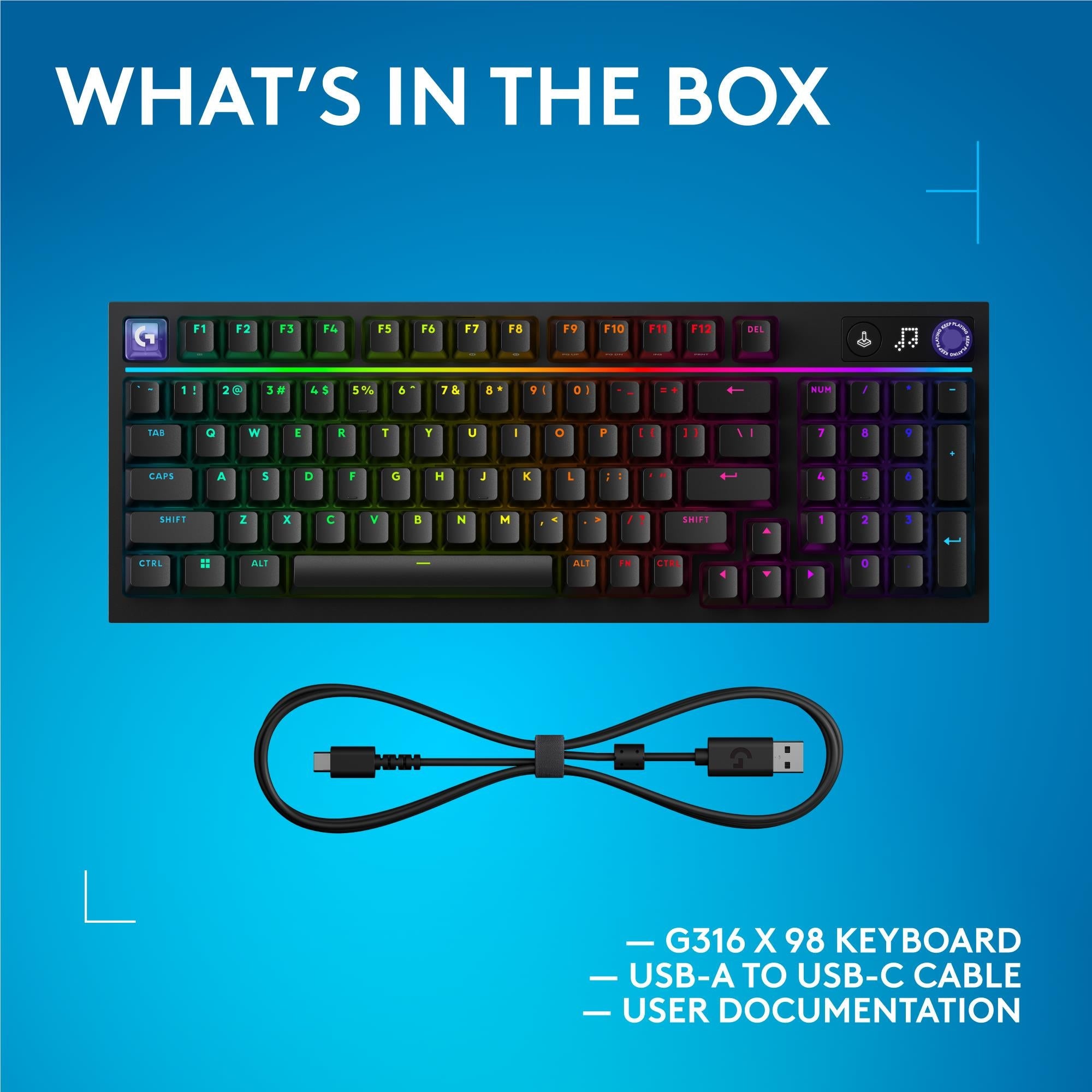Black wired mechanical gaming keyboard with RGB backlight and included USB-A to USB-C cable