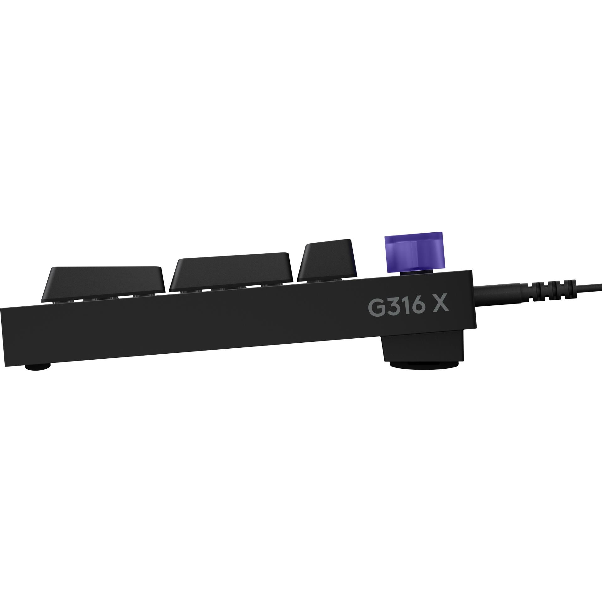 Black wired mechanical gaming keyboard side view with keycaps and cable connection