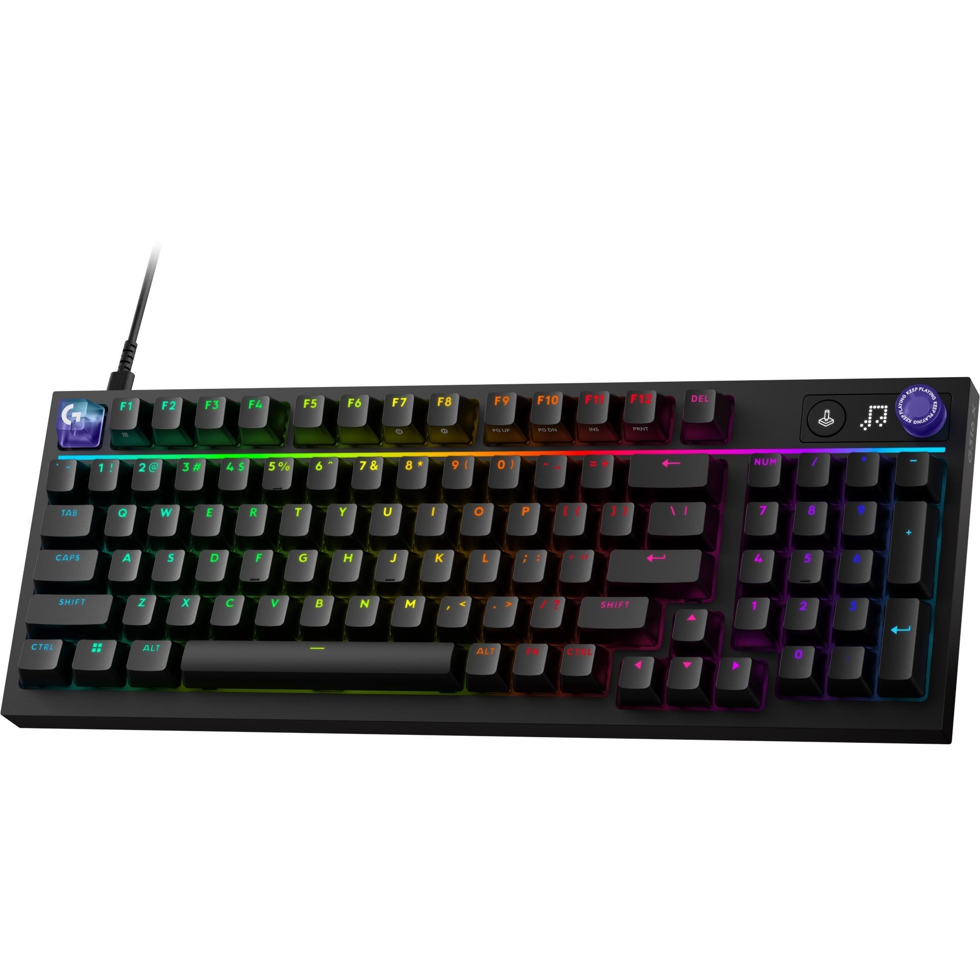 Black wired mechanical gaming keyboard front view with multicolor RGB backlit keys