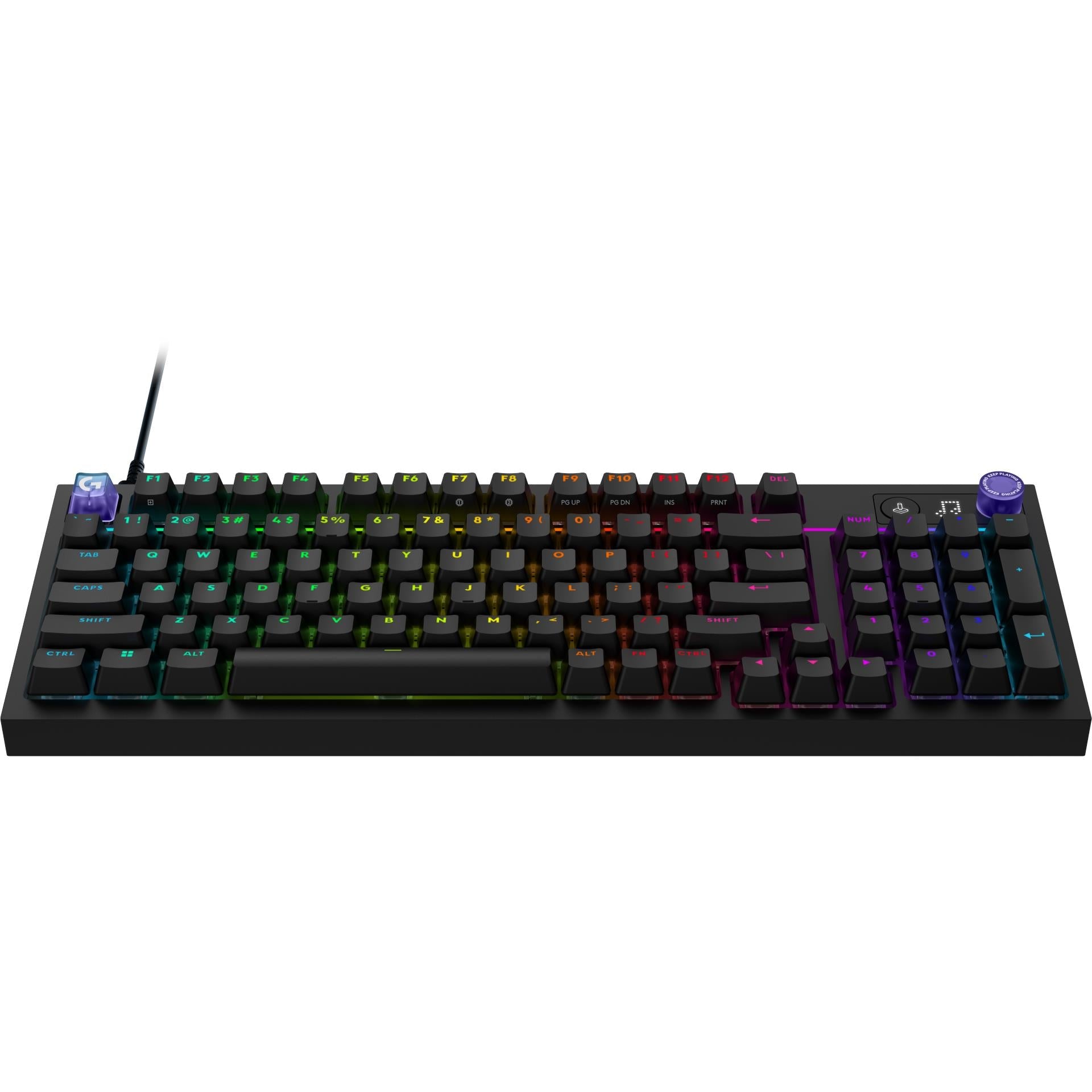 Black wired mechanical gaming keyboard angled view with multicolor RGB backlit keys