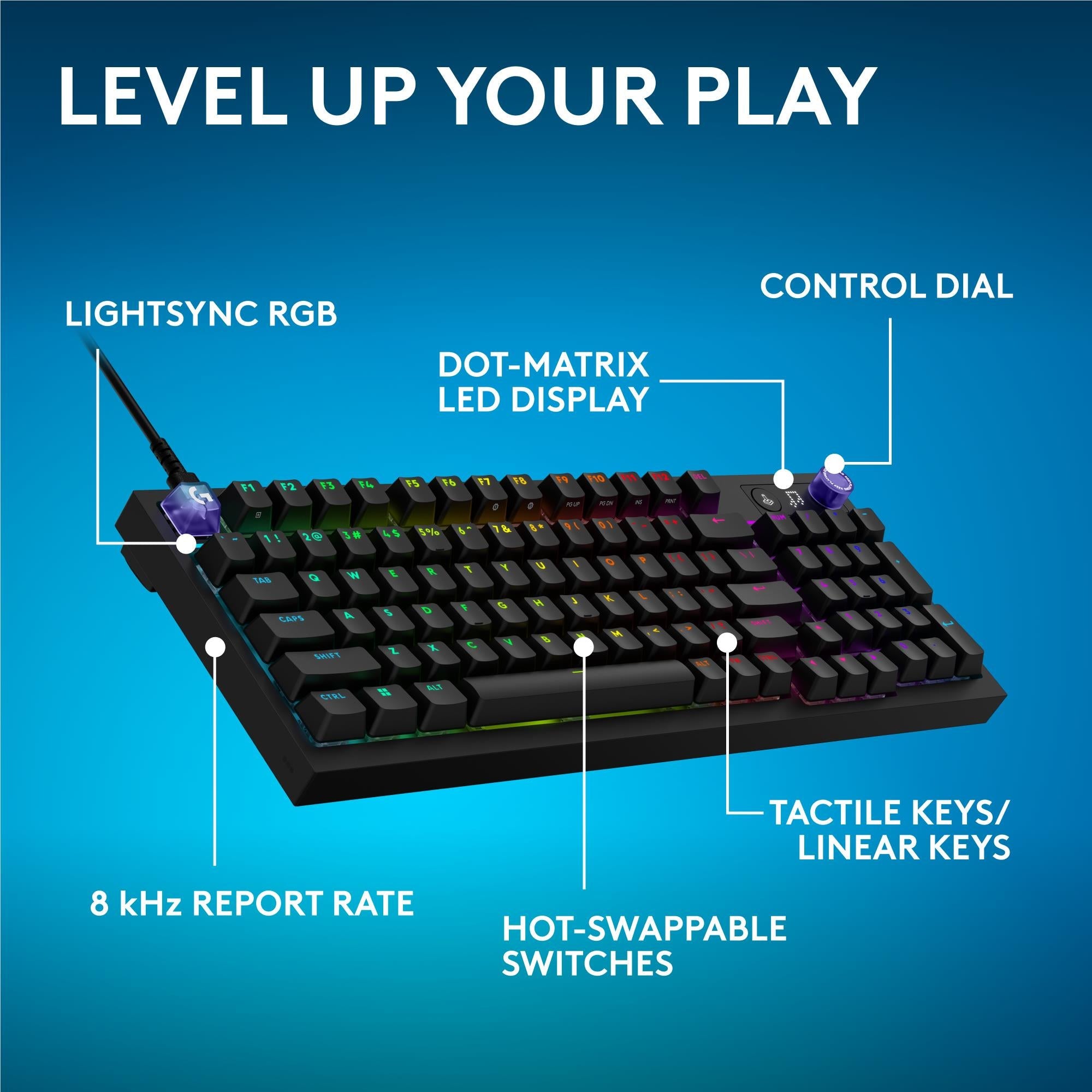 Black wired mechanical keyboard with RGB lighting, control dial, and dot-matrix LED panel