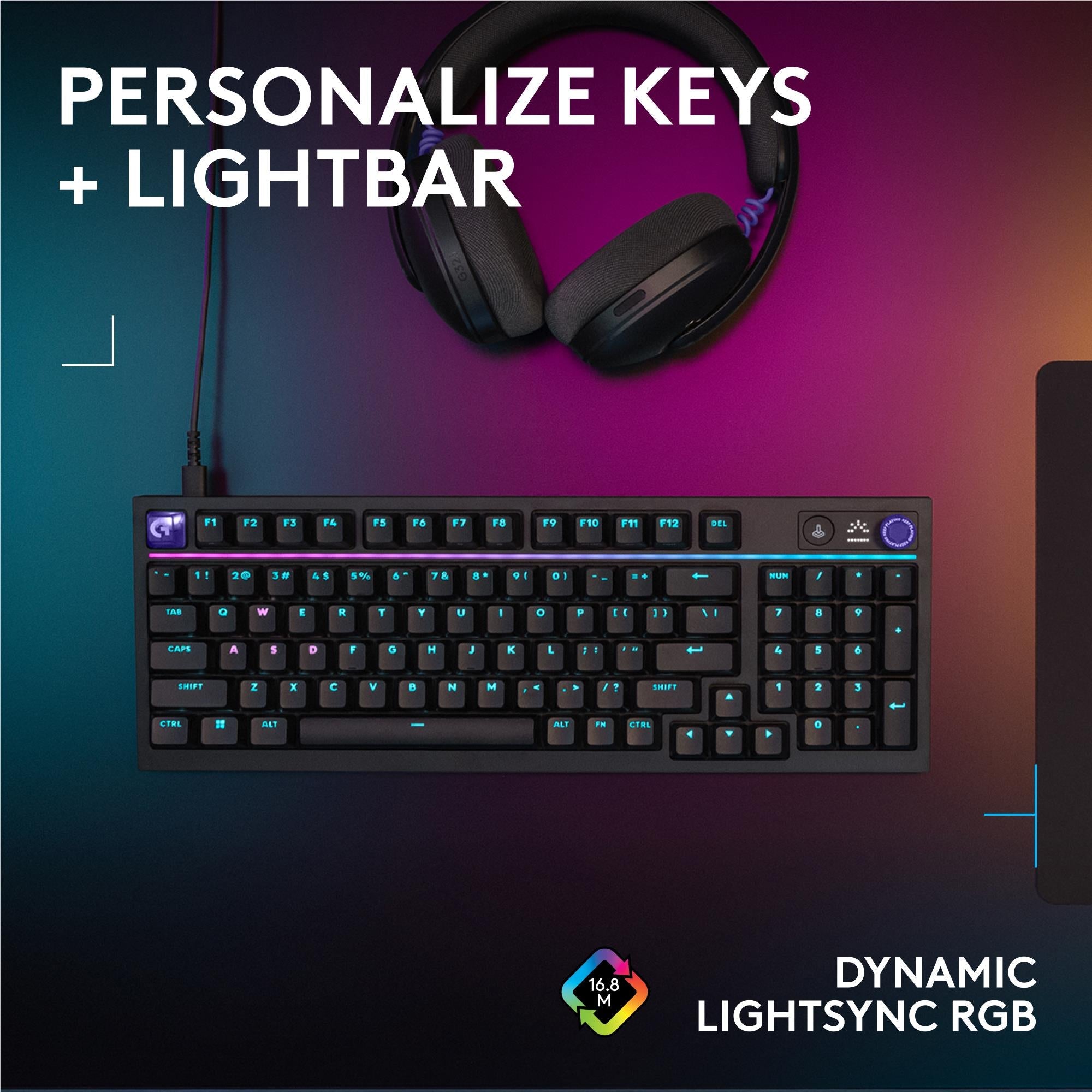 Black mechanical gaming keyboard with RGB lighting and visible control dial on top-right