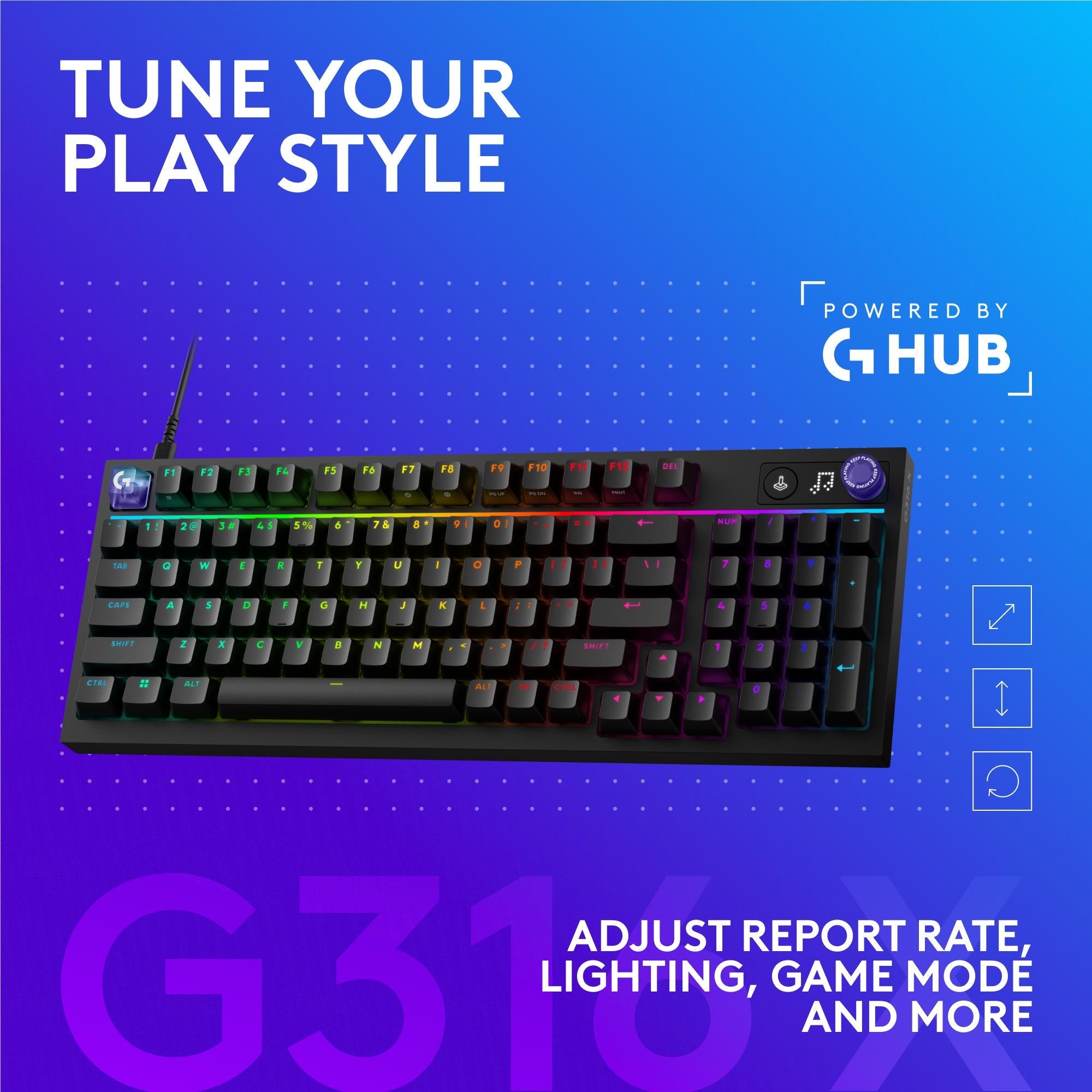 Black wired mechanical keyboard with RGB lighting and top controls for game features