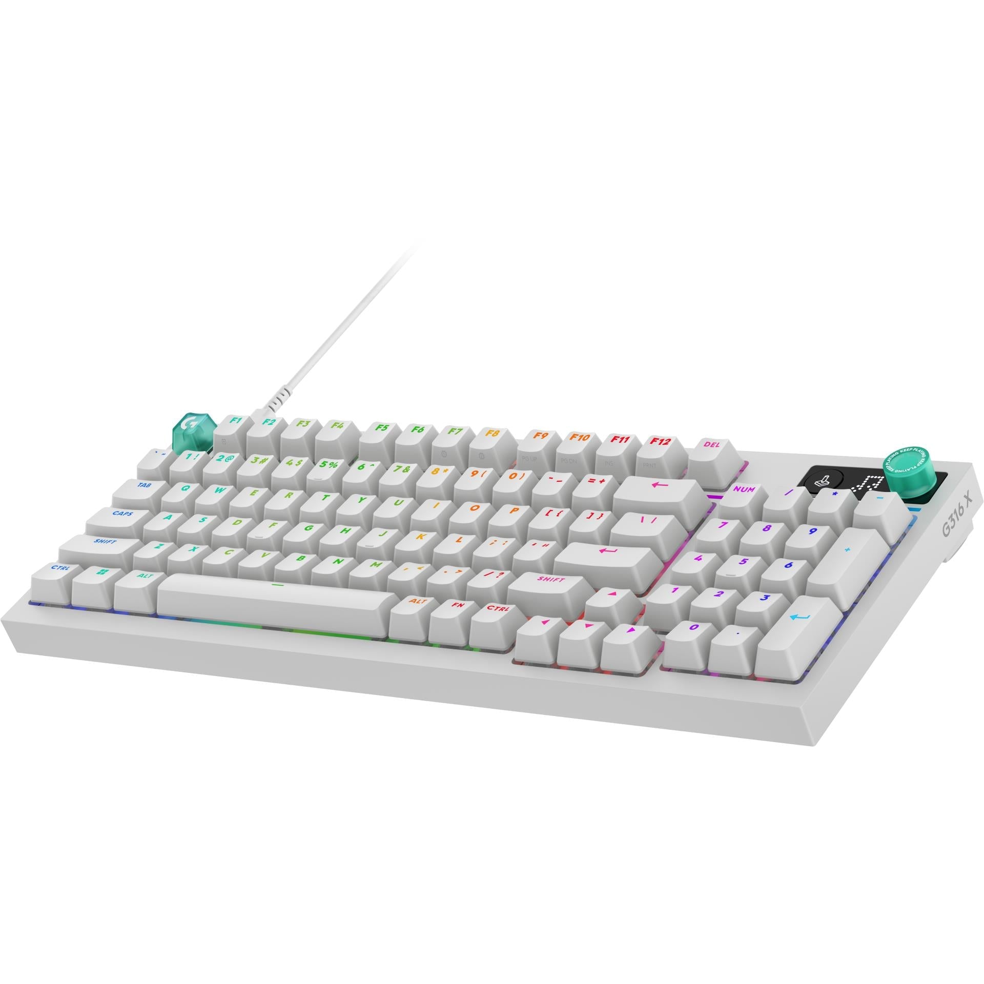 White wired 98-key mechanical gaming keyboard with RGB backlighting and control dial
