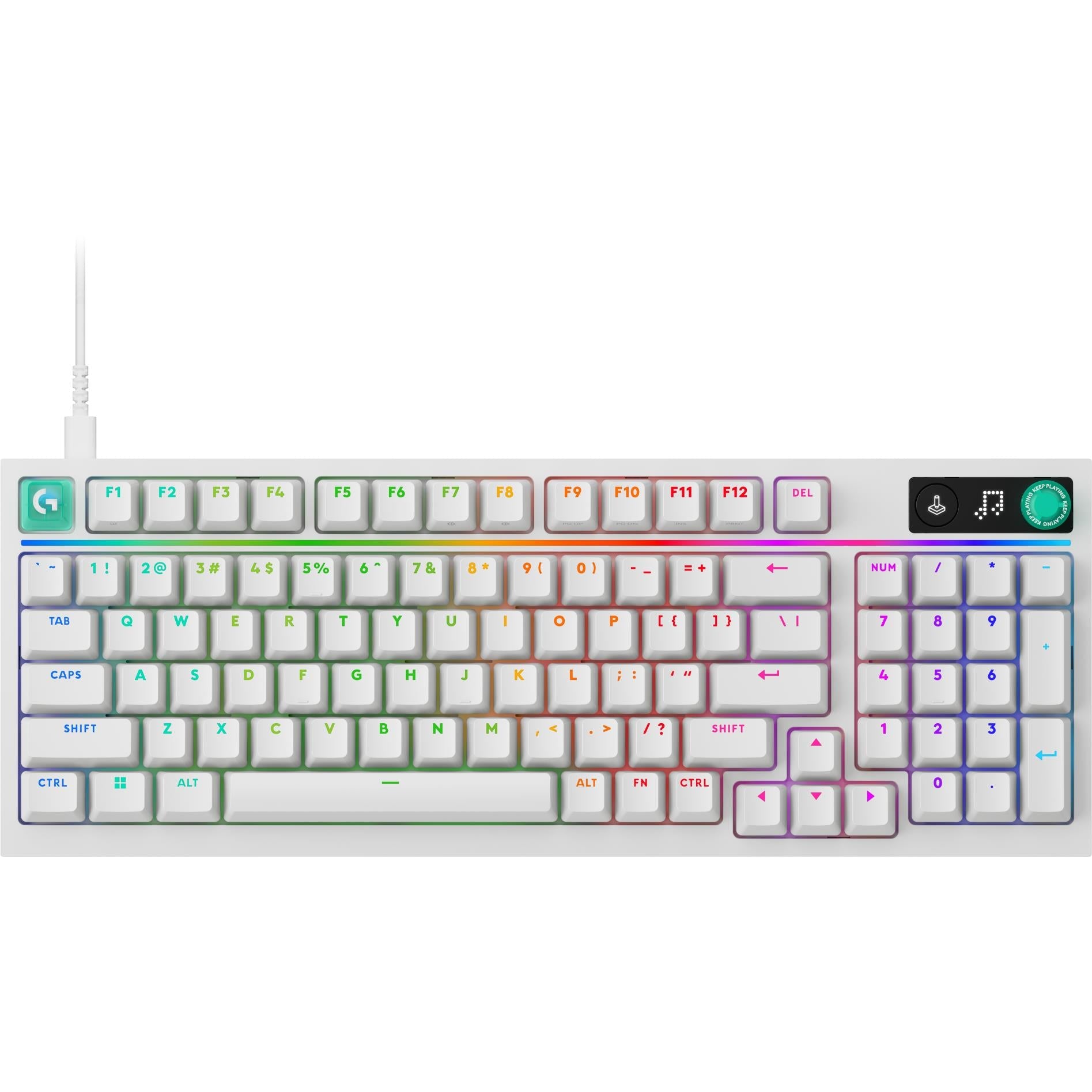White 98-key gaming keyboard top view with RGB backlit keys and control dial