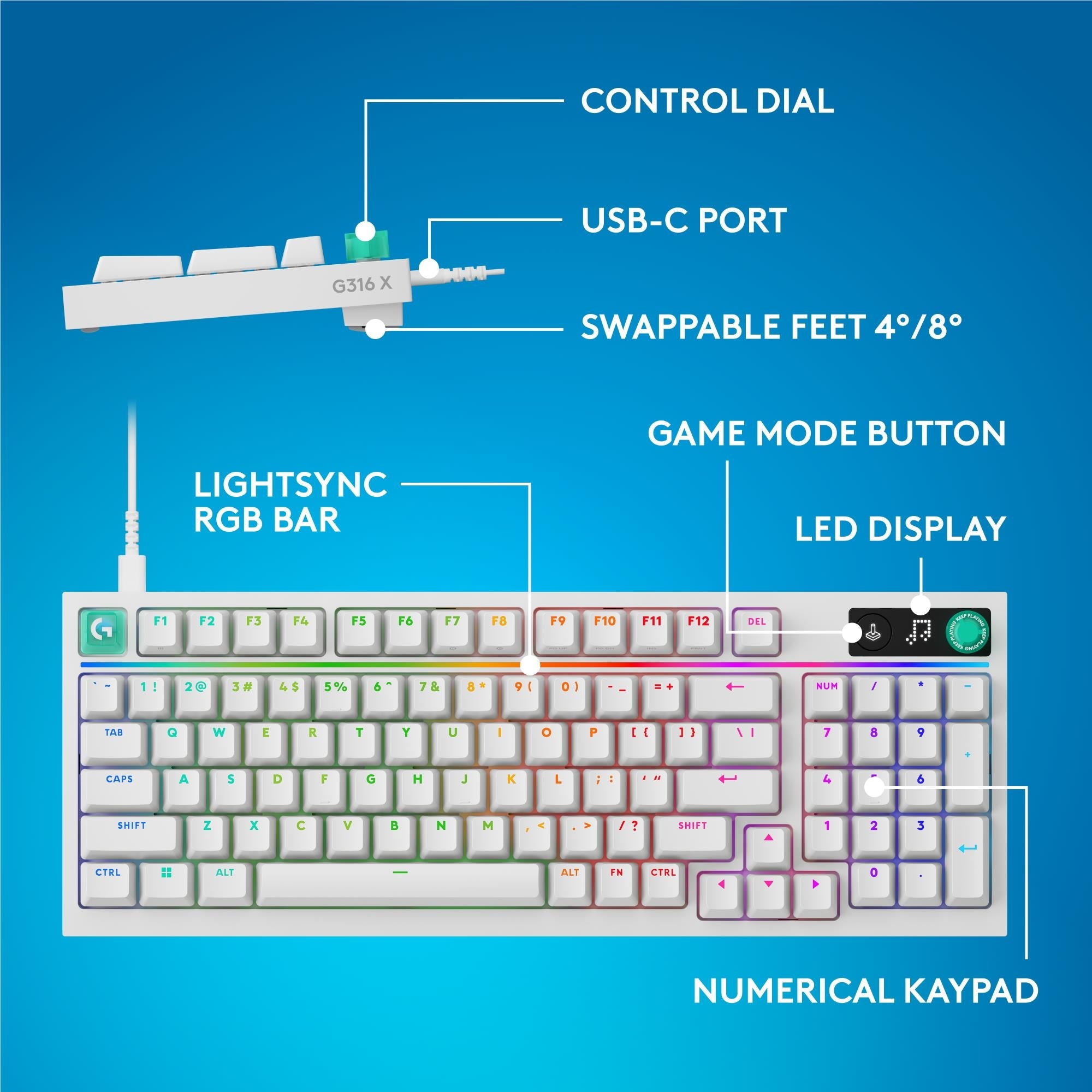 White wired 98-key mechanical gaming keyboard with RGB lighted keys and control dial