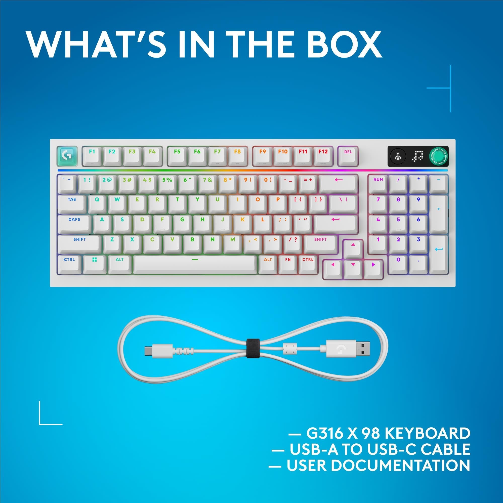 White G316 X 98-key keyboard bundle layout with USB-C to USB-A cable
