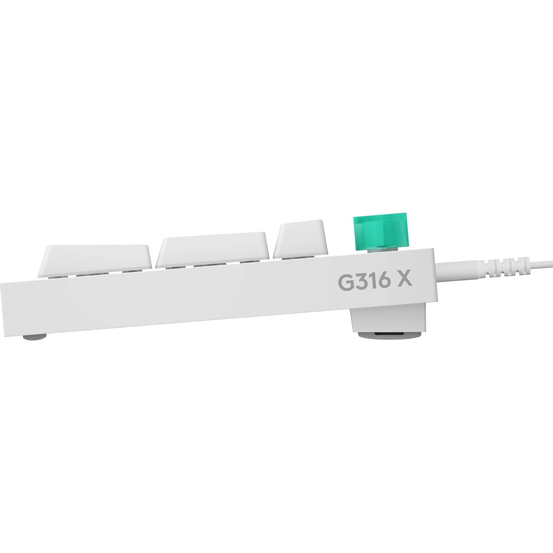 White wired mechanical keyboard from side angle with “G316 X” branding