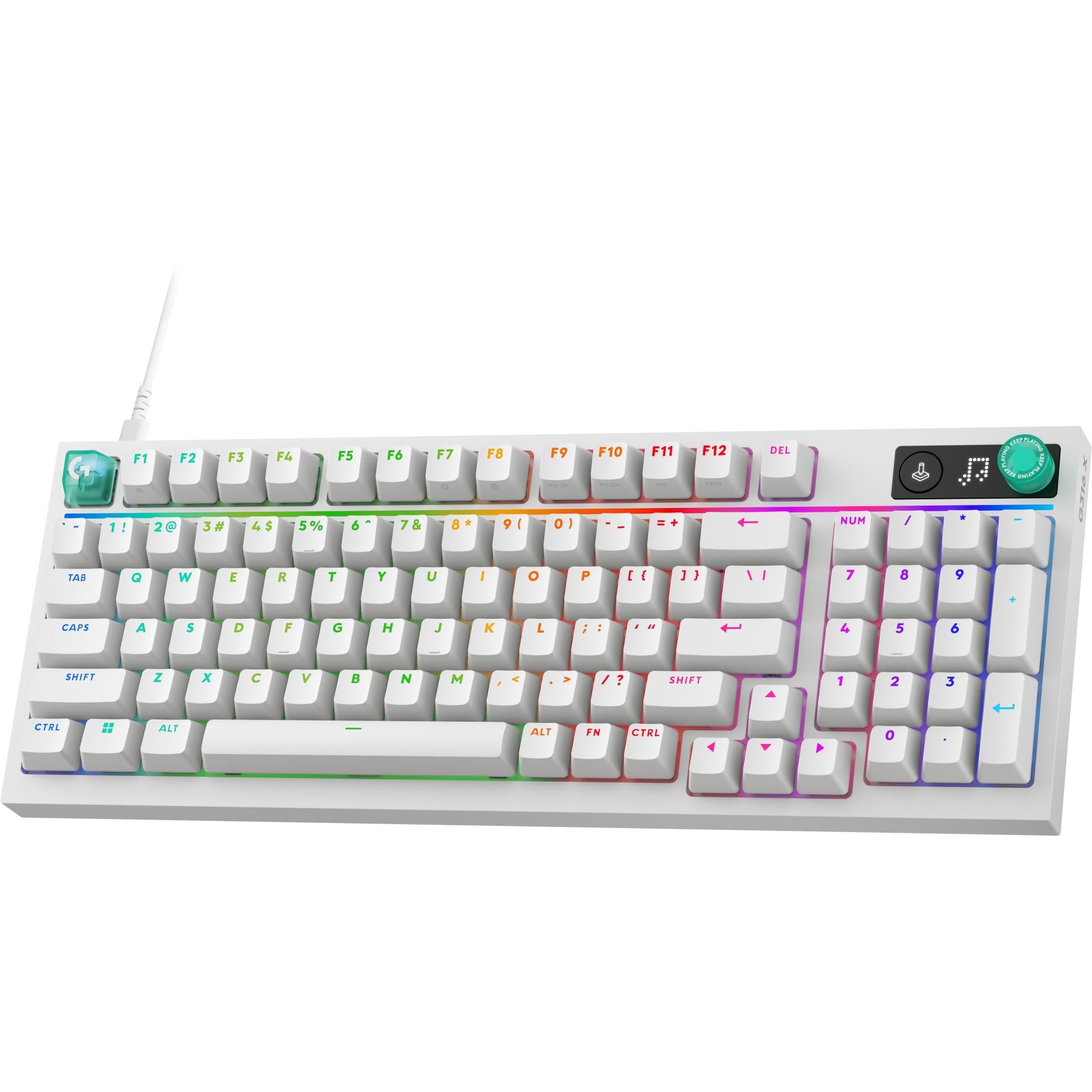 White 98-key mechanical gaming keyboard front view with RGB backlit keycaps