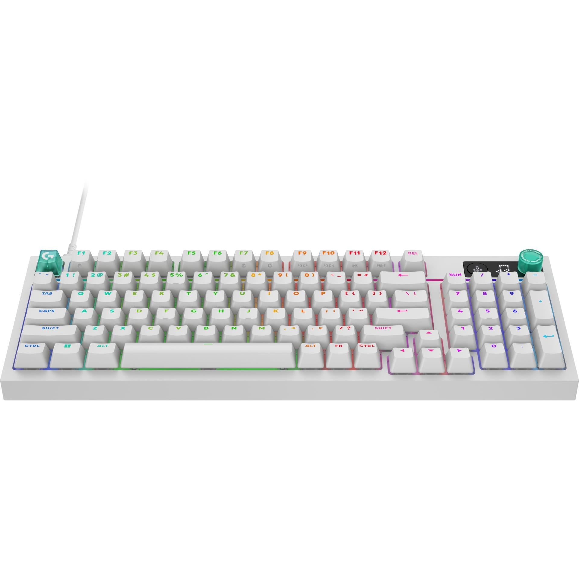 White 98-key mechanical gaming keyboard angled view with multicolor RGB lighting