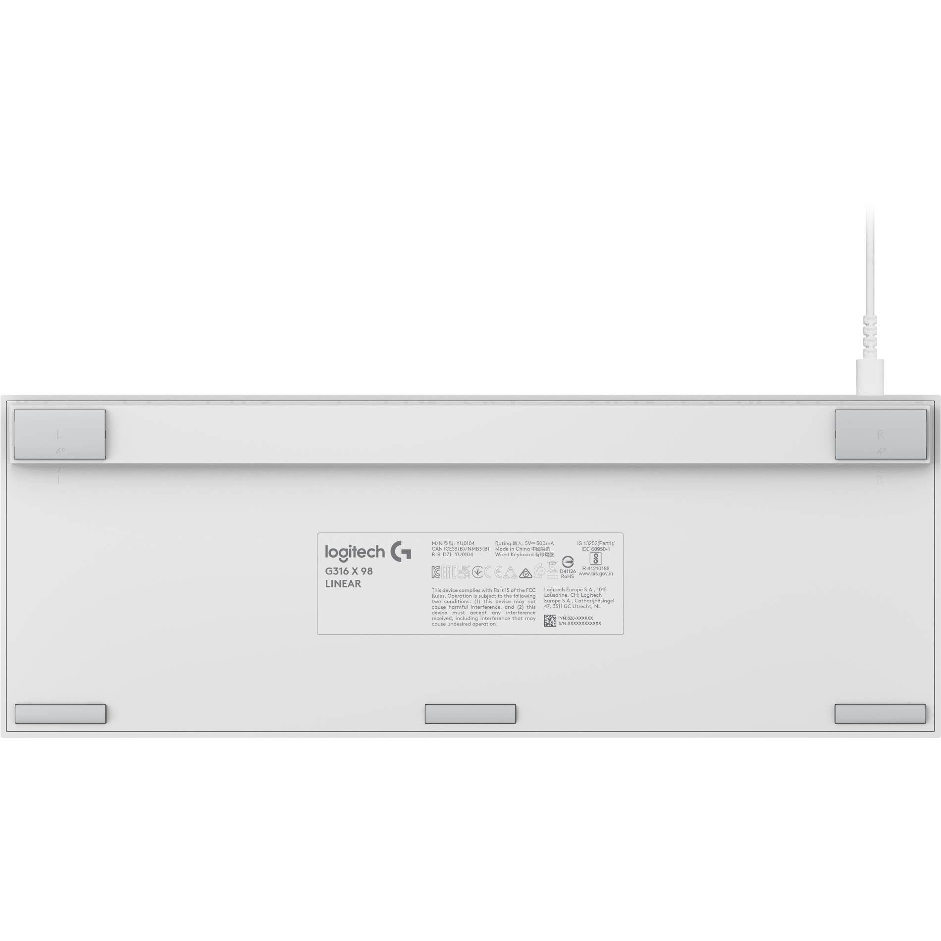 Keyboard underside in white with central label and attached cable