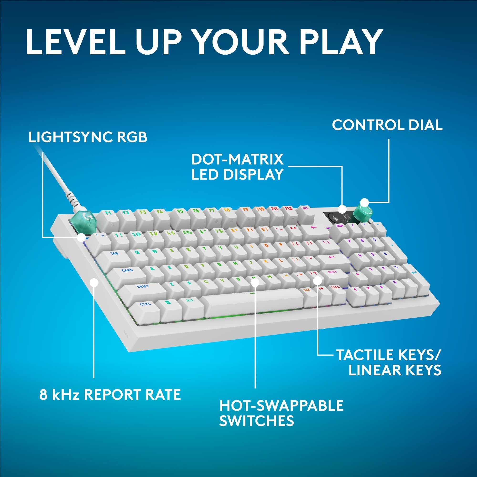 White wired gaming keyboard with RGB backlighting, dot-matrix display, and control dial