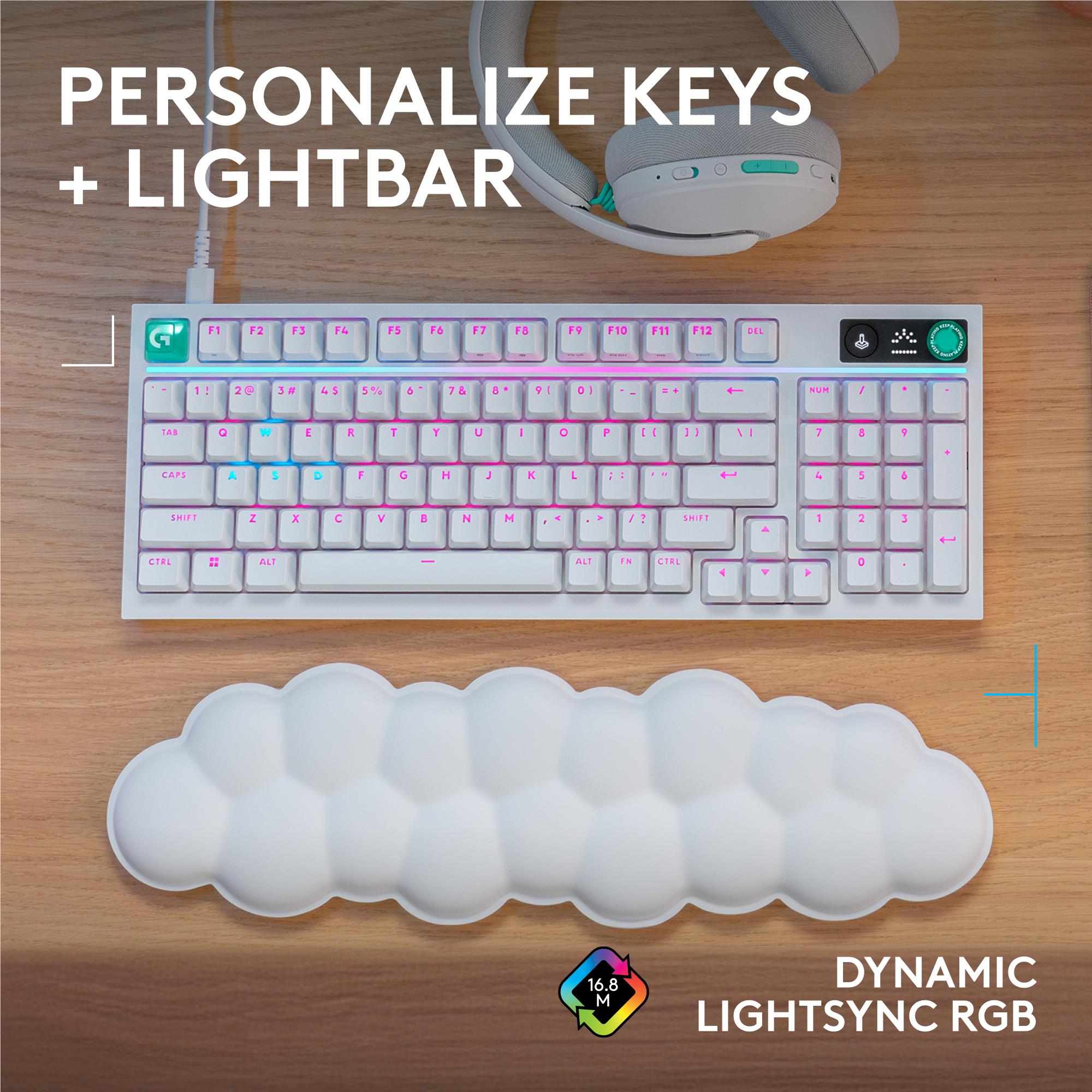 White 98-key gaming keyboard with RGB backlighting and cloud-shaped cushioned wrist rest