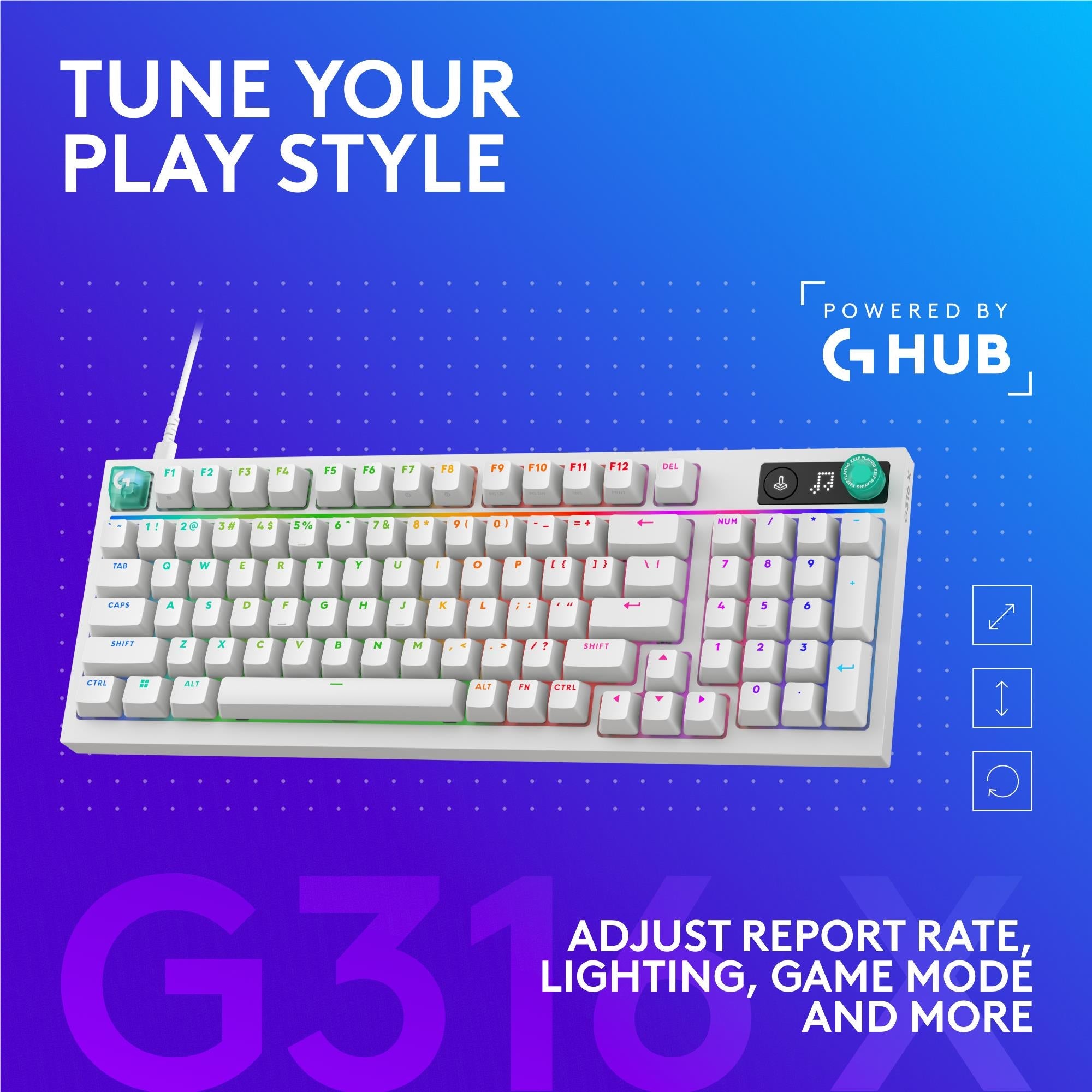 White 98-key wired mechanical gaming keyboard with bright RGB lighting and dial