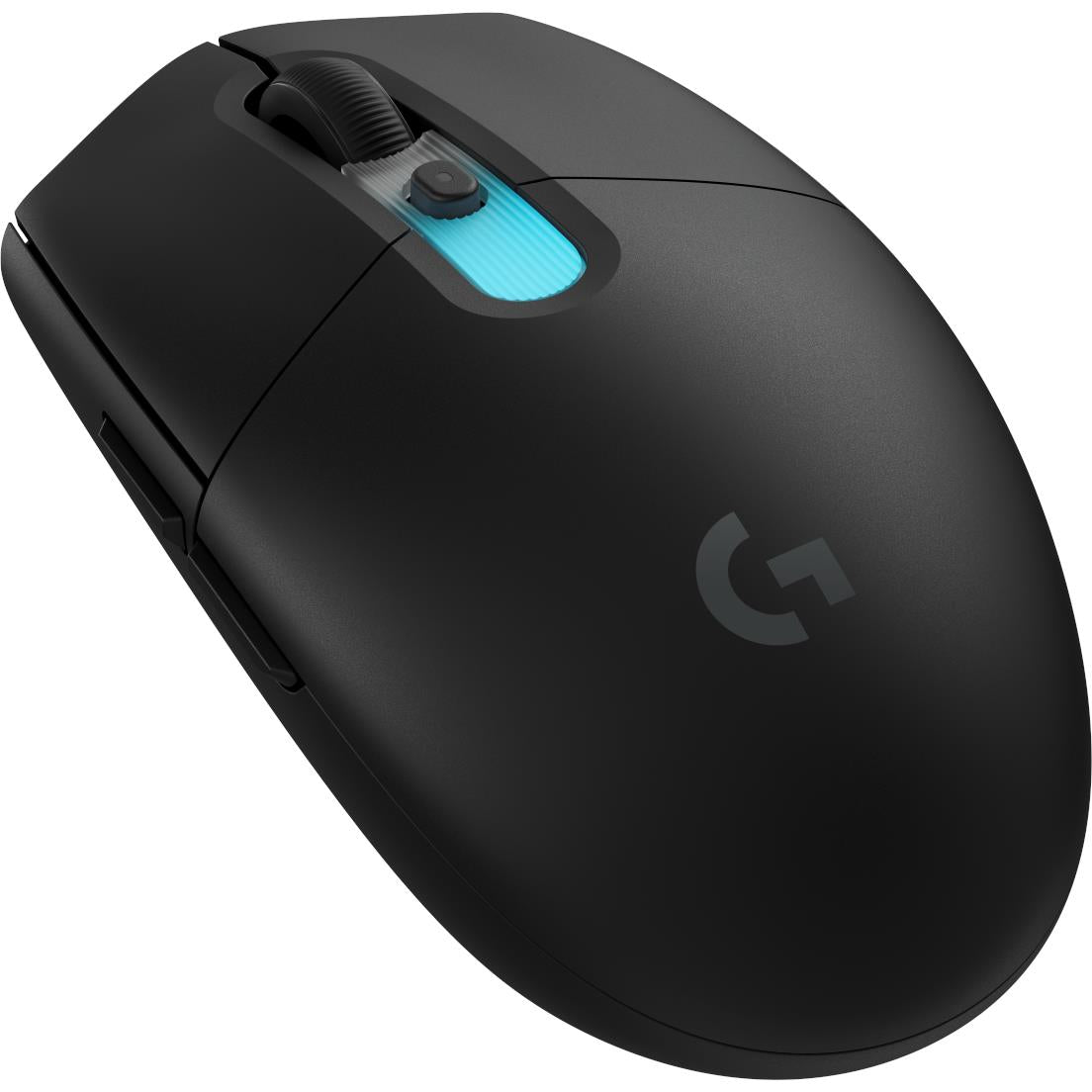 Black wireless gaming mouse with blue light on top and textured scroll wheel.