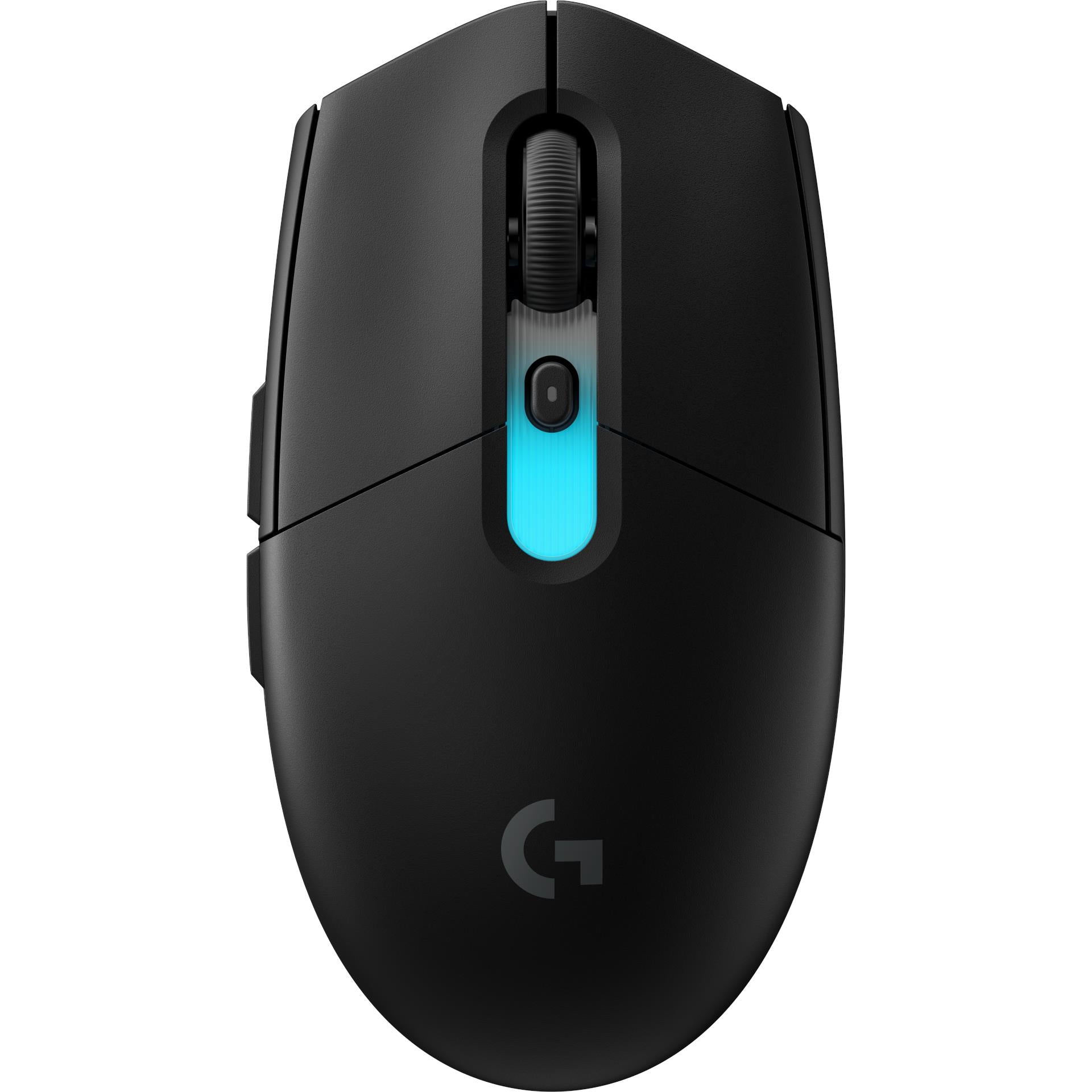 Front view of black gaming mouse with central blue light bar and textured thumb buttons.