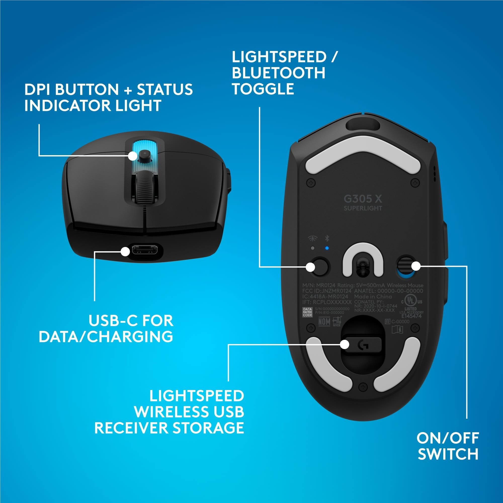 Black lightweight wireless mouse bottom view with charging switch and USB-C port
