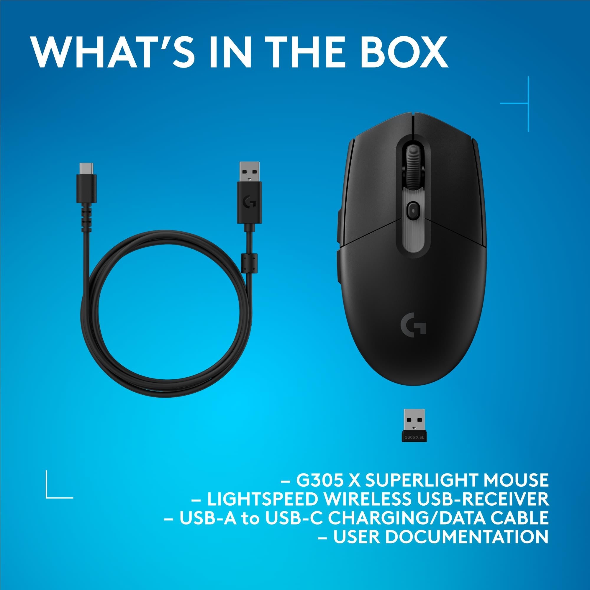 Black lightweight wireless mouse with USB-C to USB-A charging/data cable