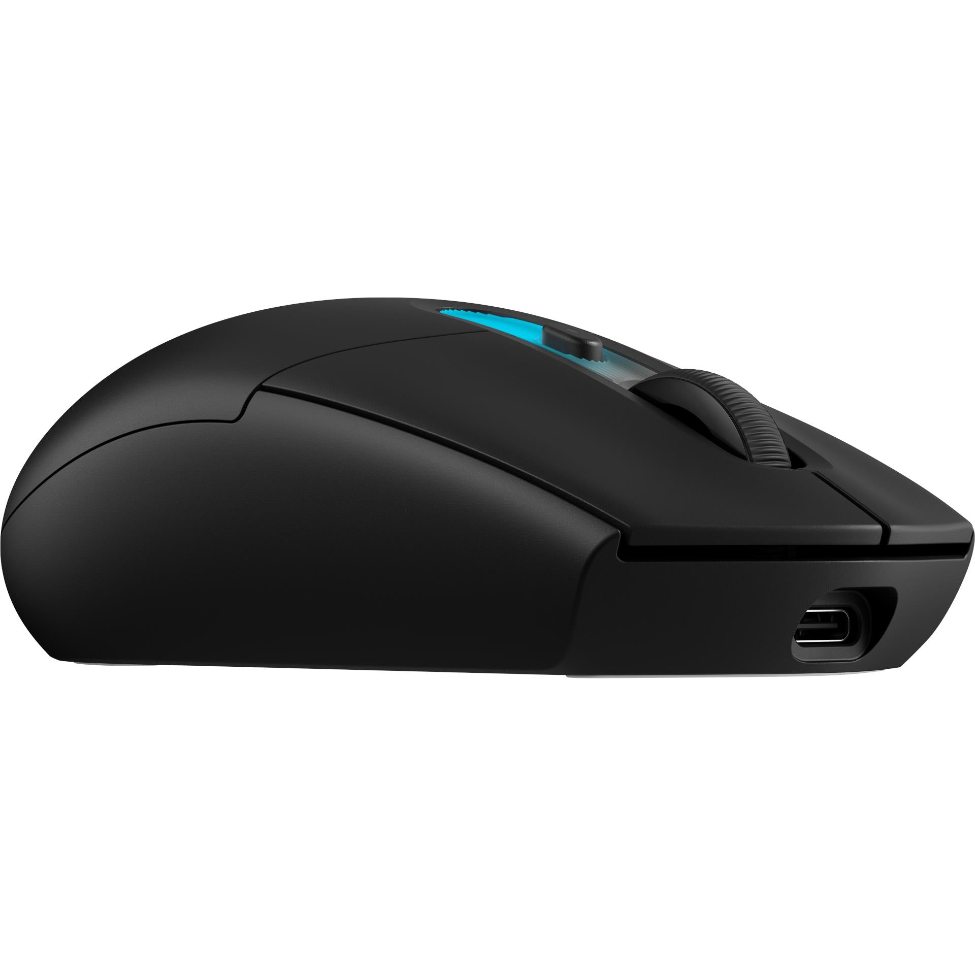 Black wireless gaming mouse side profile with thumb buttons and scroll wheel