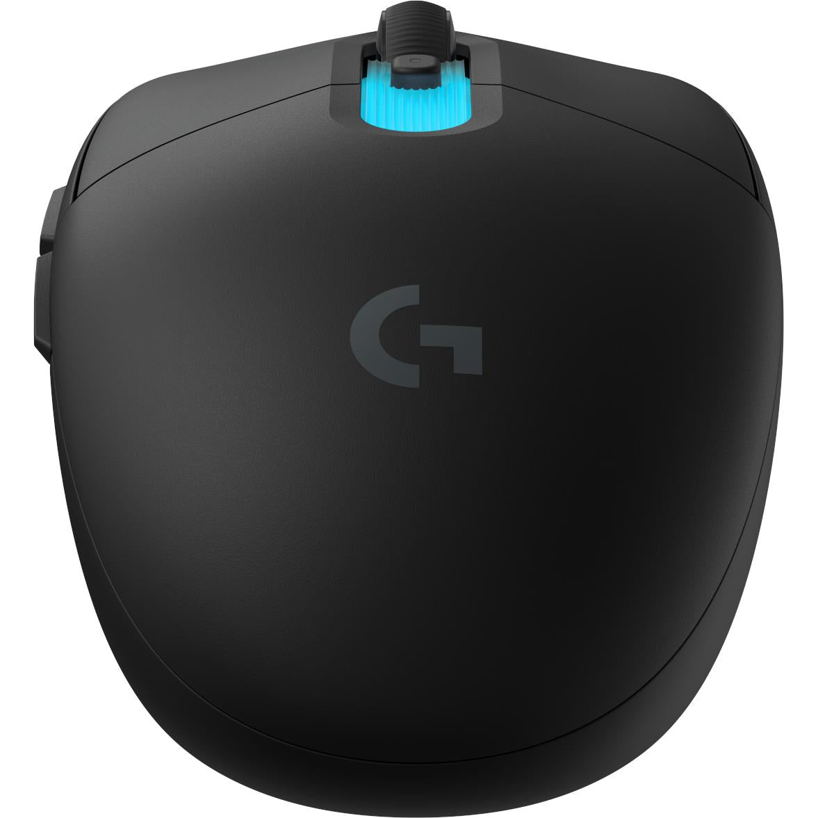 Black wireless gaming mouse top with illuminated scroll wheel and center logo