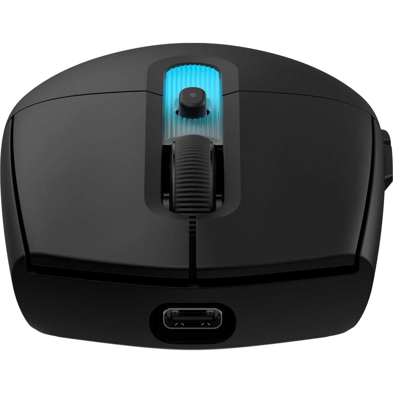 Black wireless mouse underside with USB-C port and illuminated sensor area