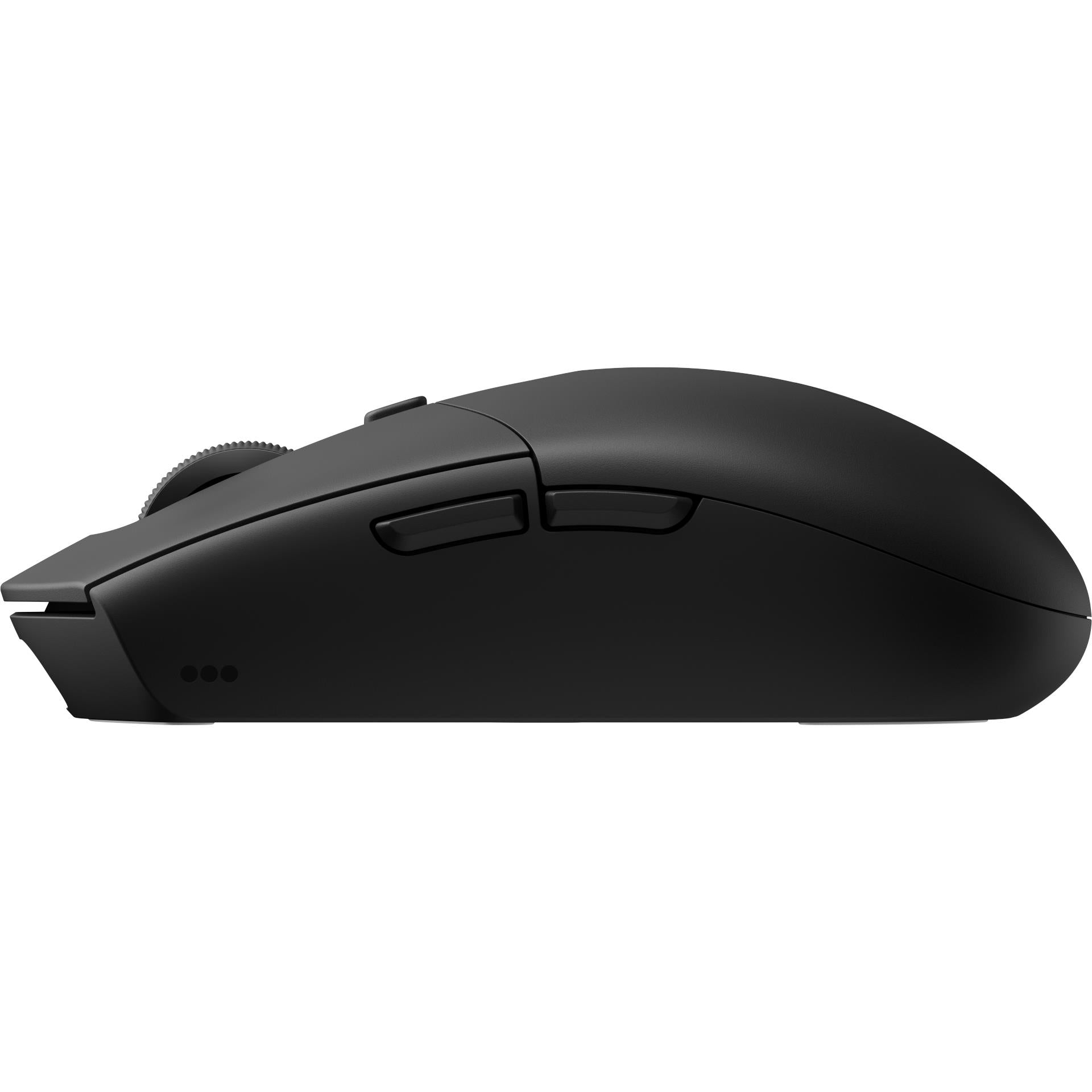 Black wireless gaming mouse profile with side button and textured left grip