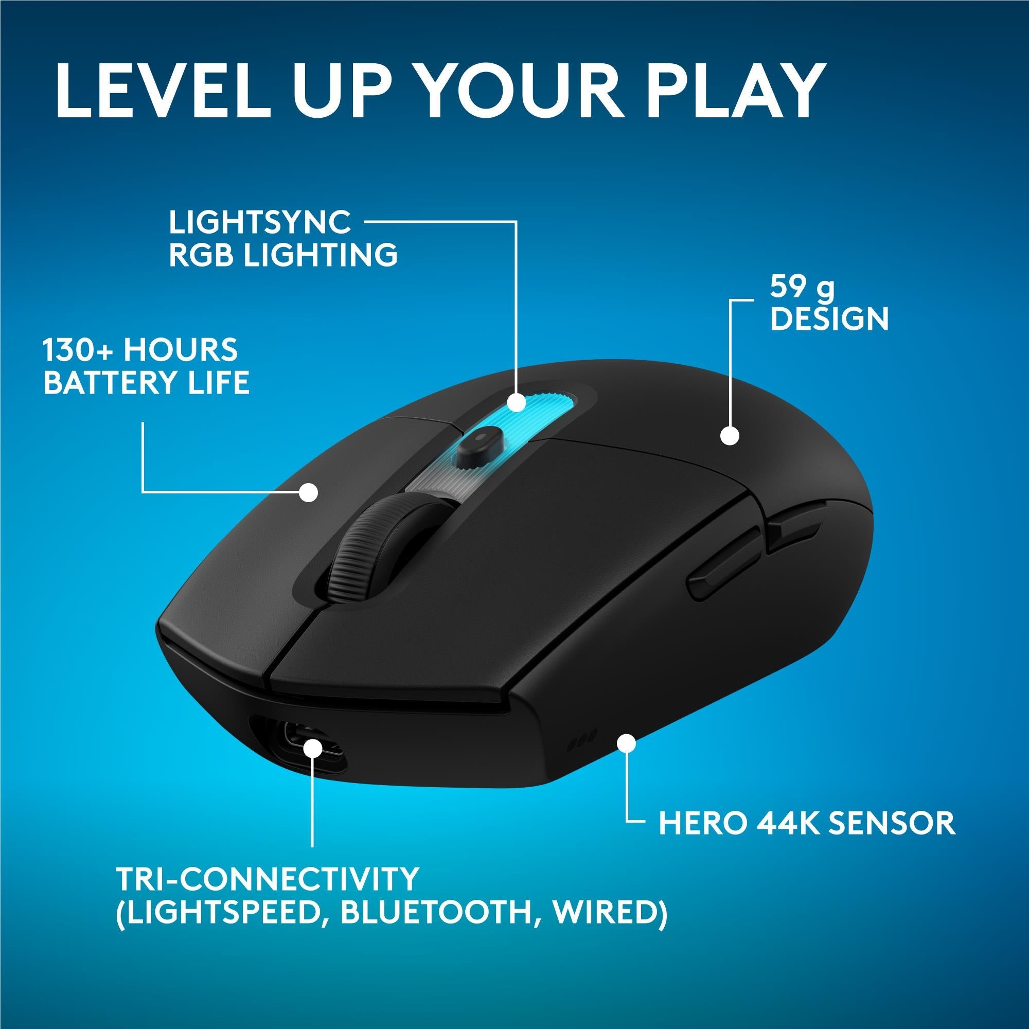 Black gaming mouse with glowing blue light bar, on-screen feature labels in background.