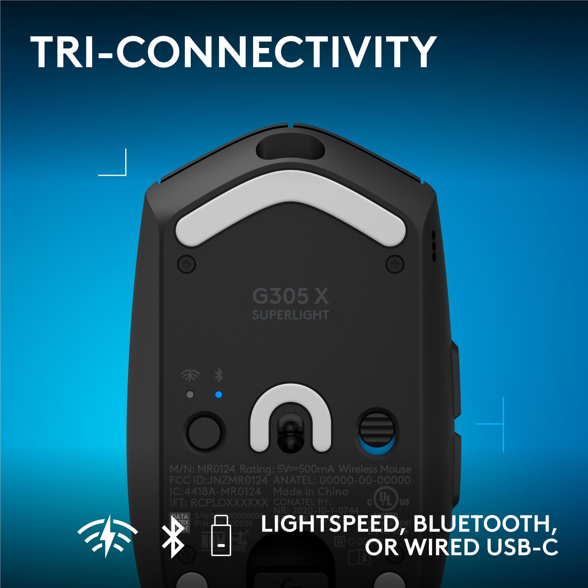 Bottom of black gaming mouse showing G305 X Superlight branding and sensor area.