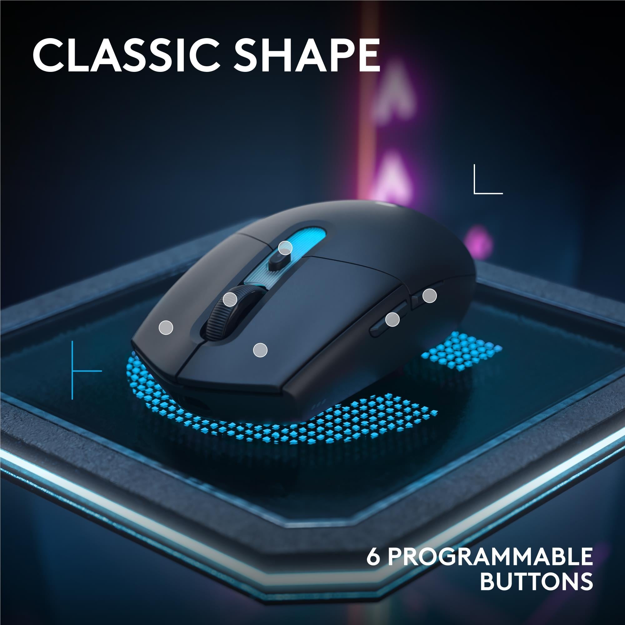 Black gaming mouse with blue side light ring and programmable button markings visible.