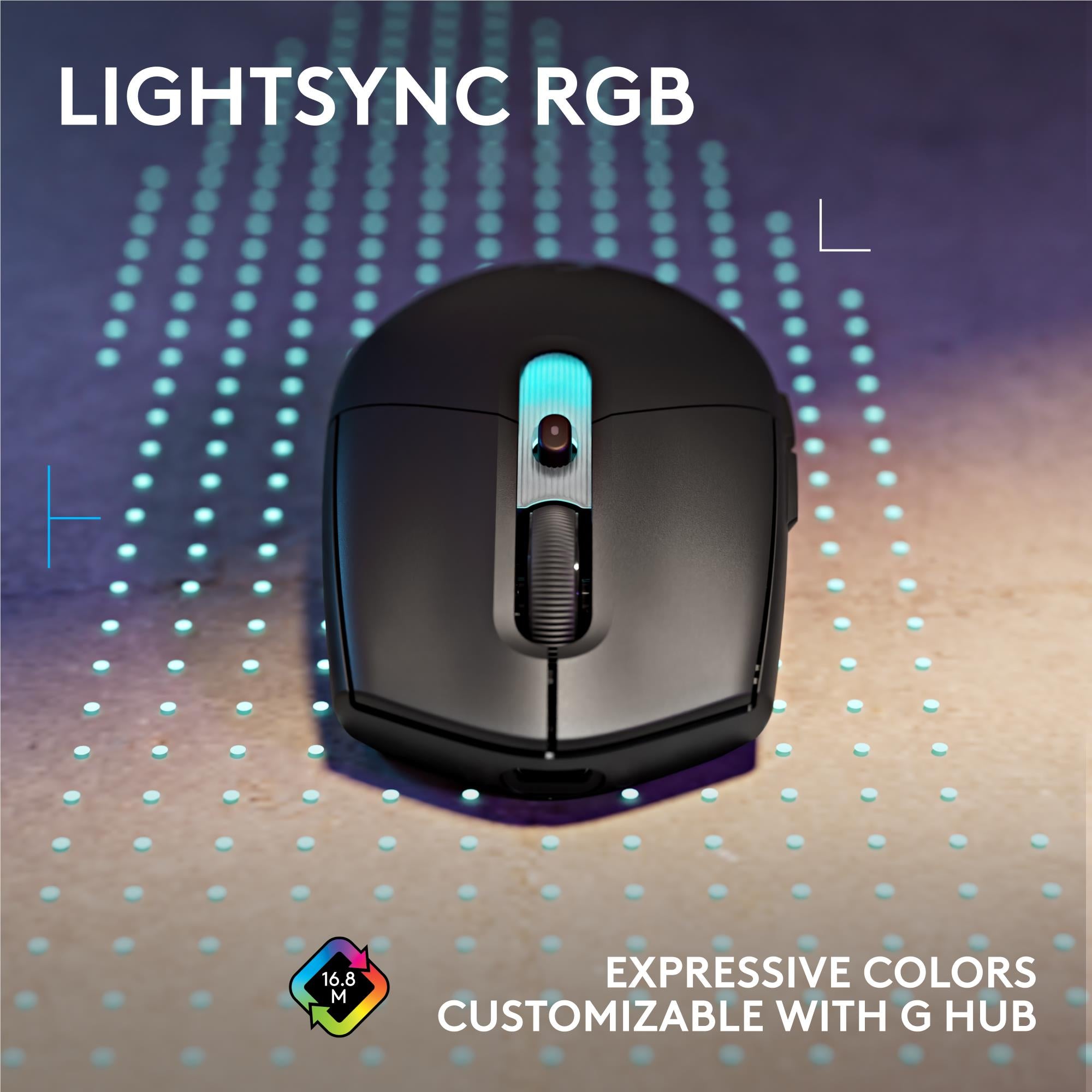 Top view of black gaming mouse with blue L-shaped light and dotted RGB background dots.