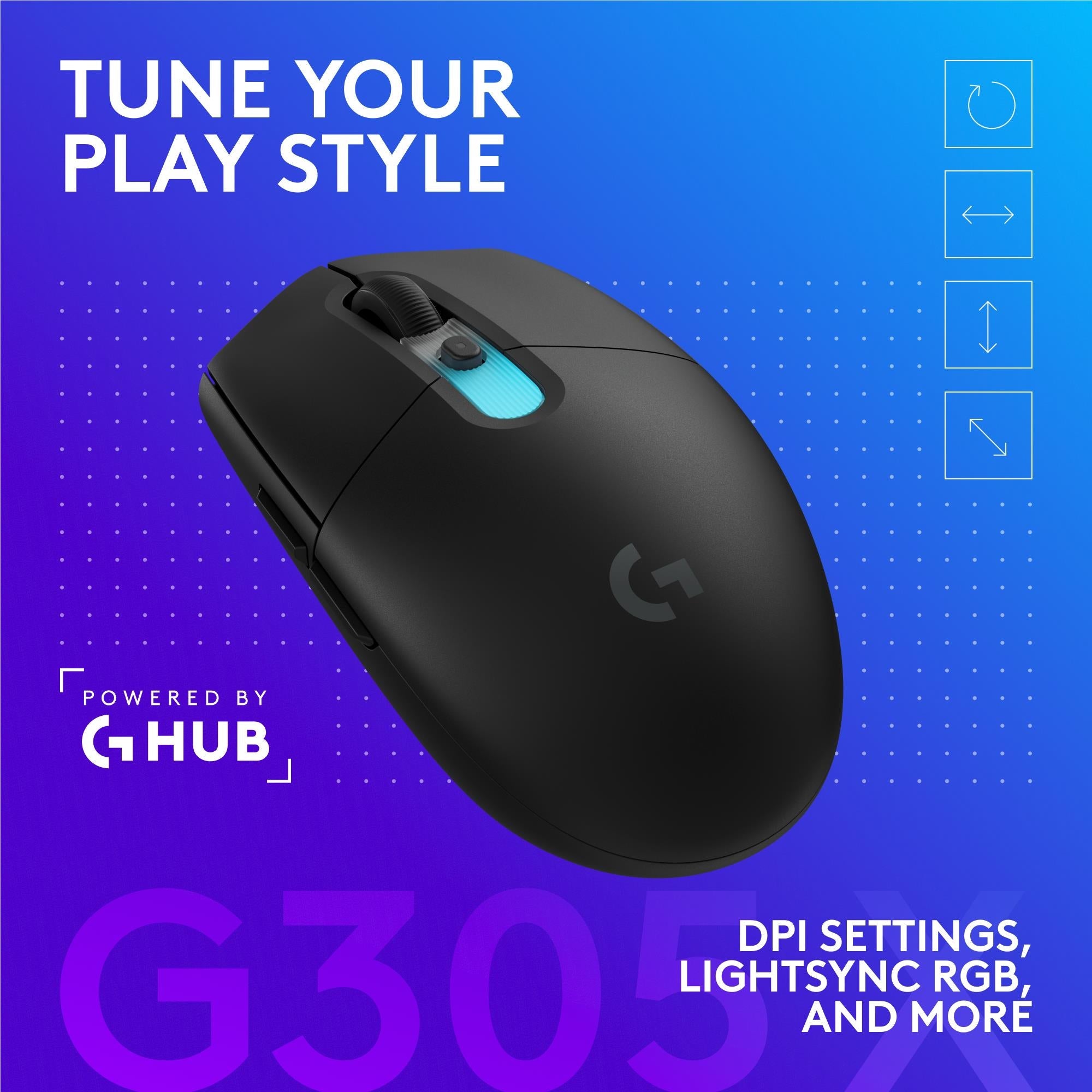 Black G305-style wireless gaming mouse with blue top light, G HUB branding visible.