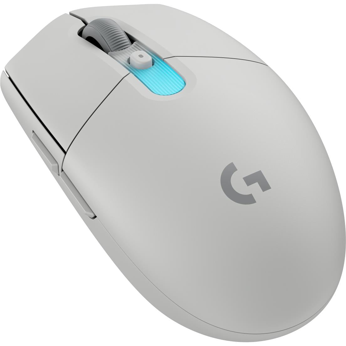 White wireless gaming mouse with blue light strip and ergonomic curved right-hand shape.