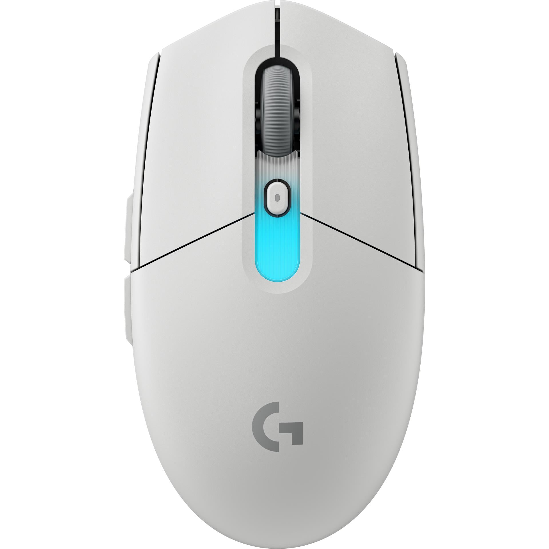Top view of white wireless gaming mouse with blue LED strip, side buttons, and scroll wheel.