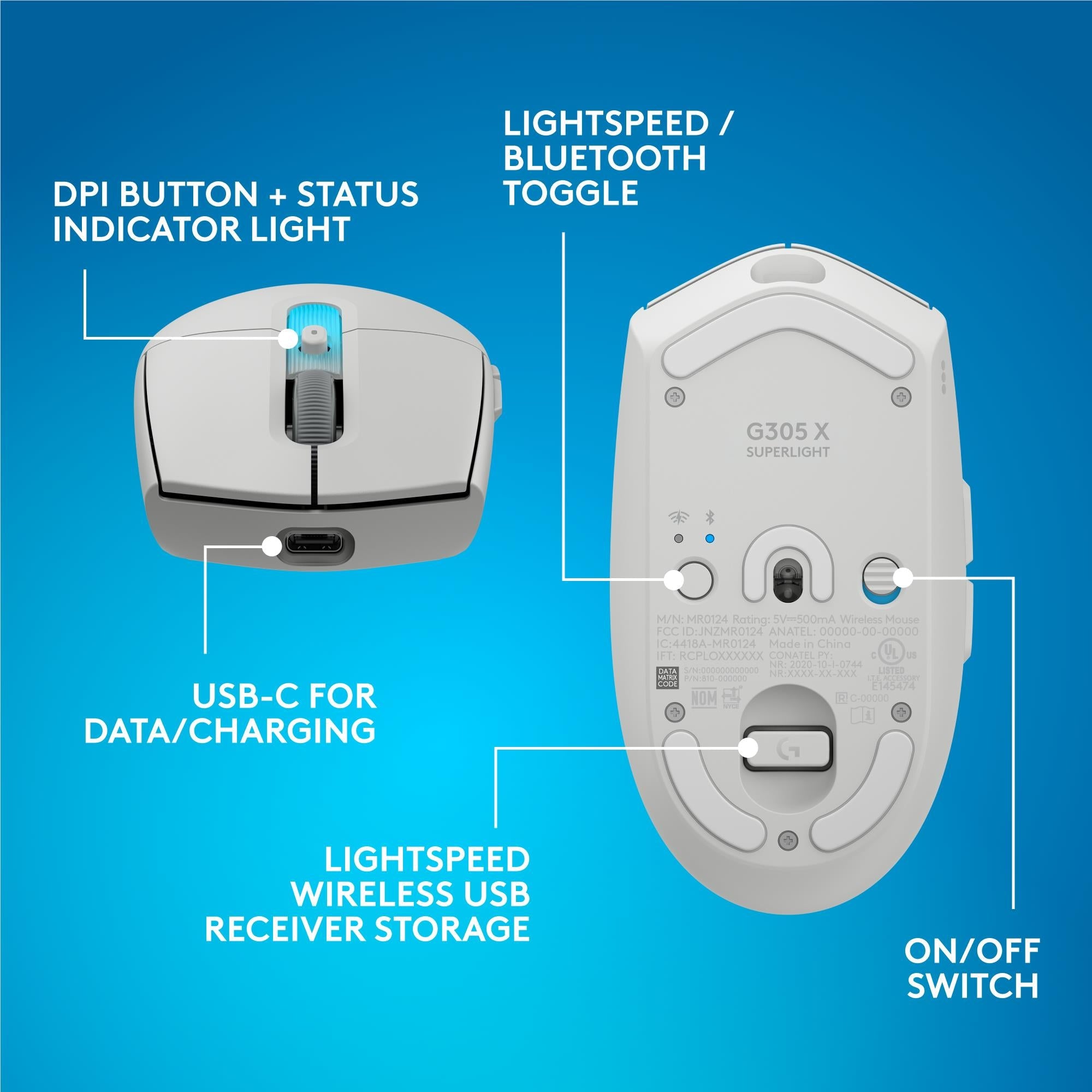 White Logitech G305 X Superlight wireless mouse, with DPI button and status light