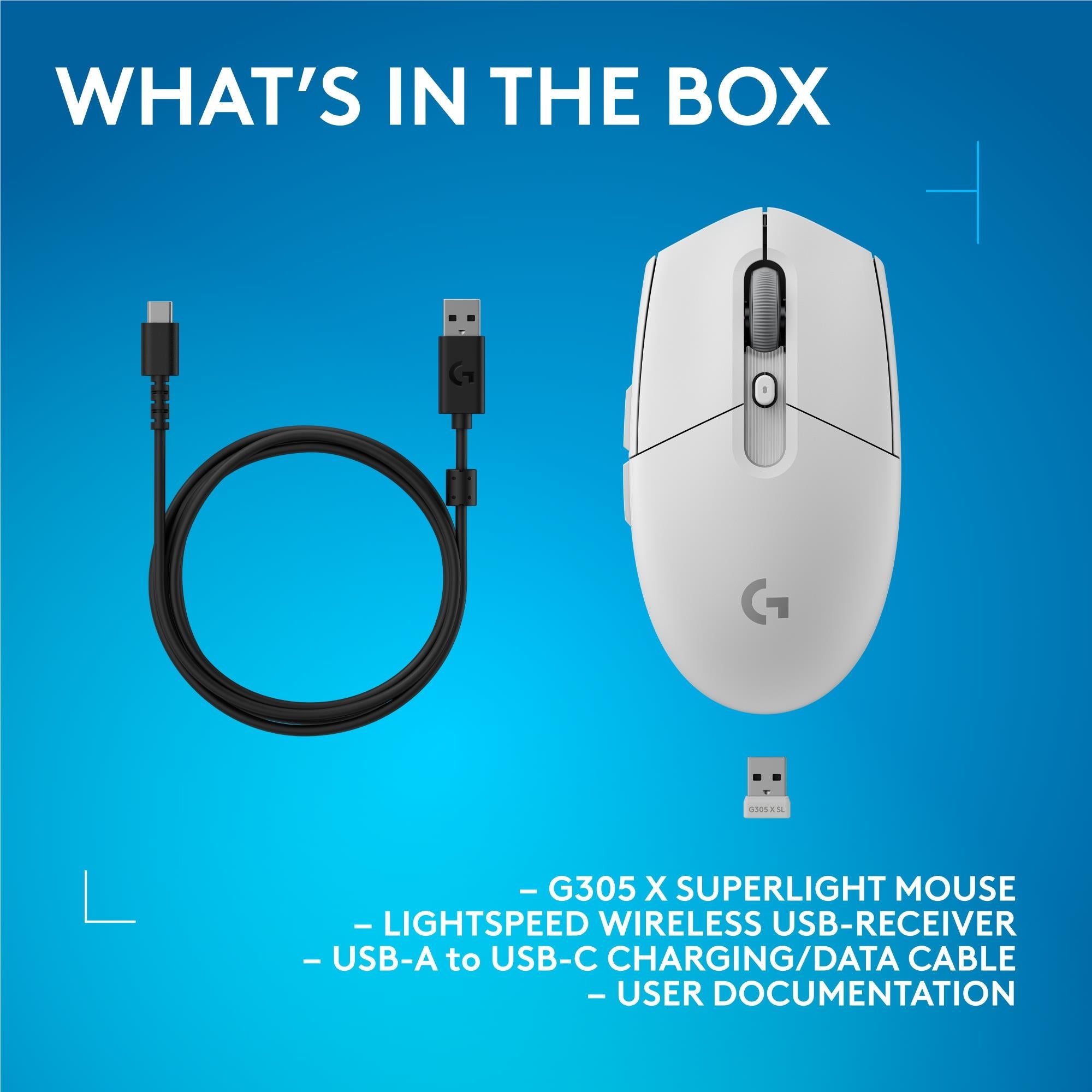 White wireless mouse with USB-C charging/data cable and USB-A to USB-C cable