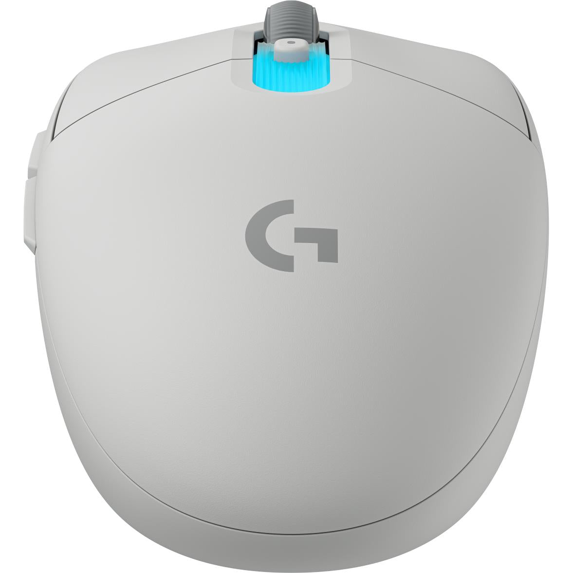 White wireless mouse bottom view with large center scroll wheel cover