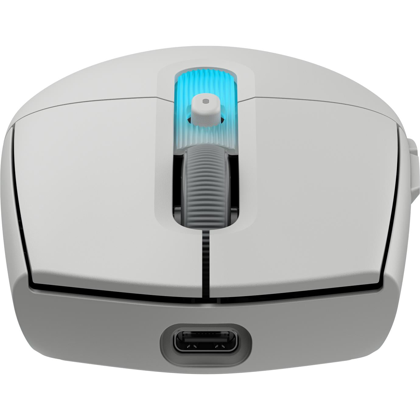 White wireless mouse bottom with USB-C charging port and blue light strip