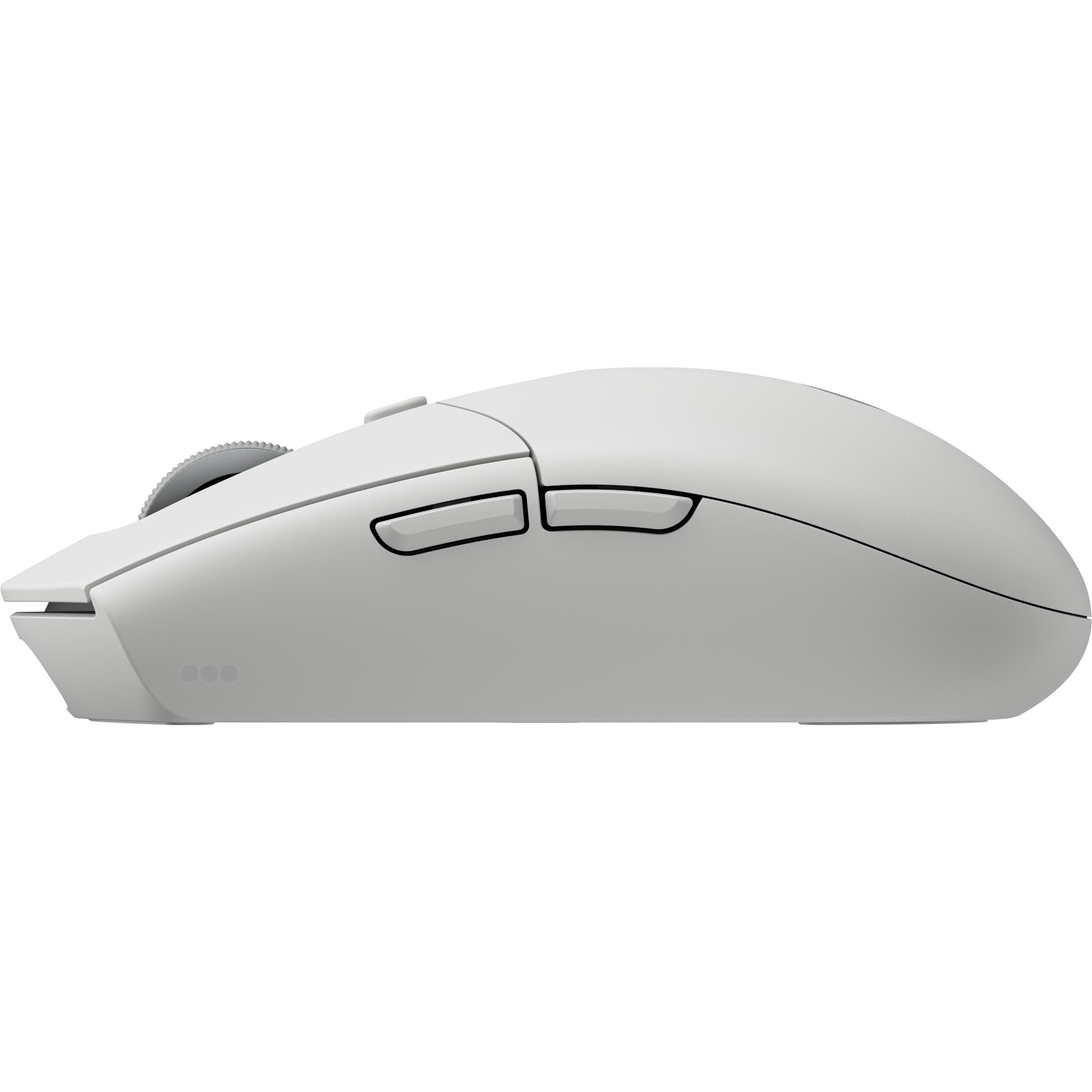White wireless mouse side view with side buttons and textured wheel