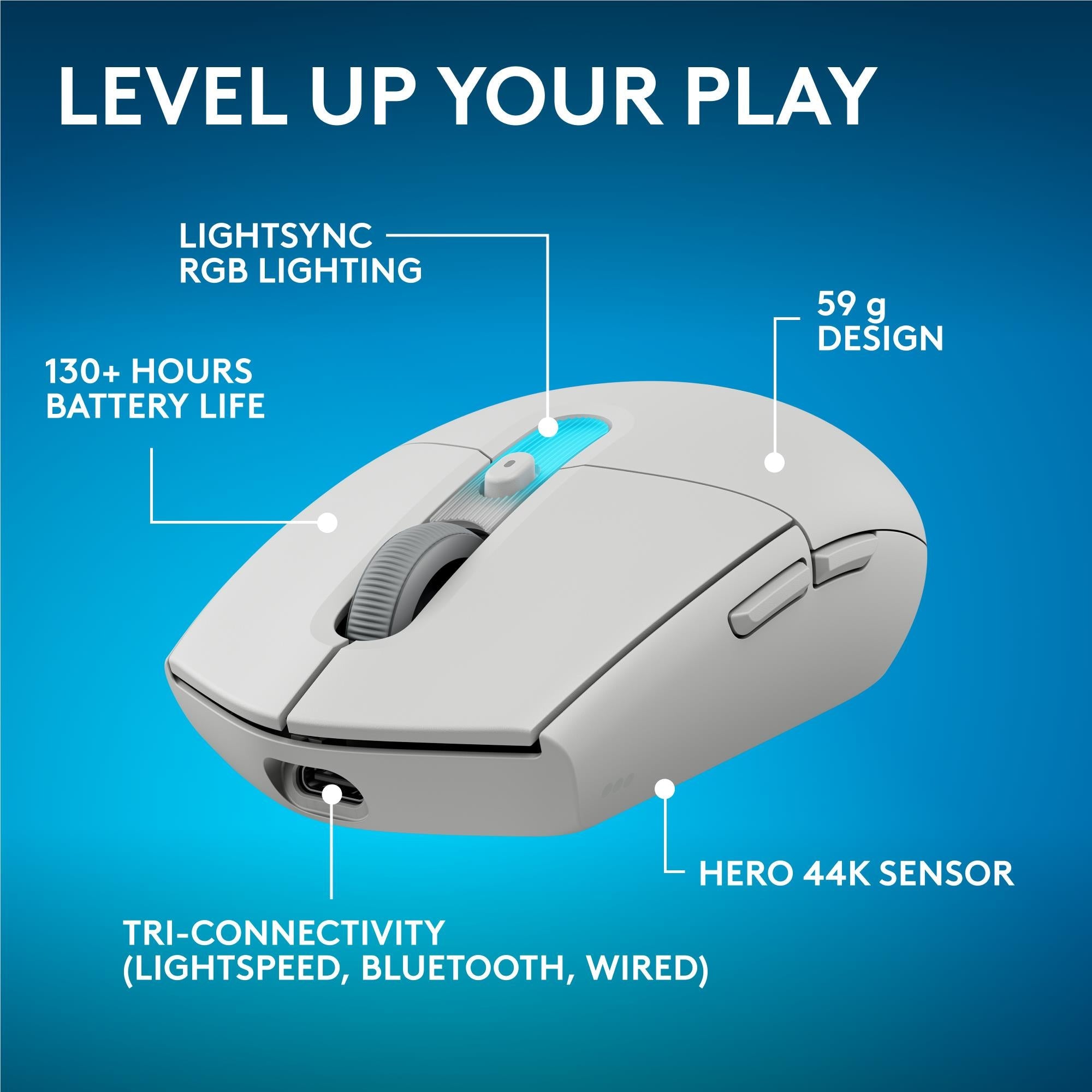 White wireless gaming mouse with blue top light and textured grip on the side.