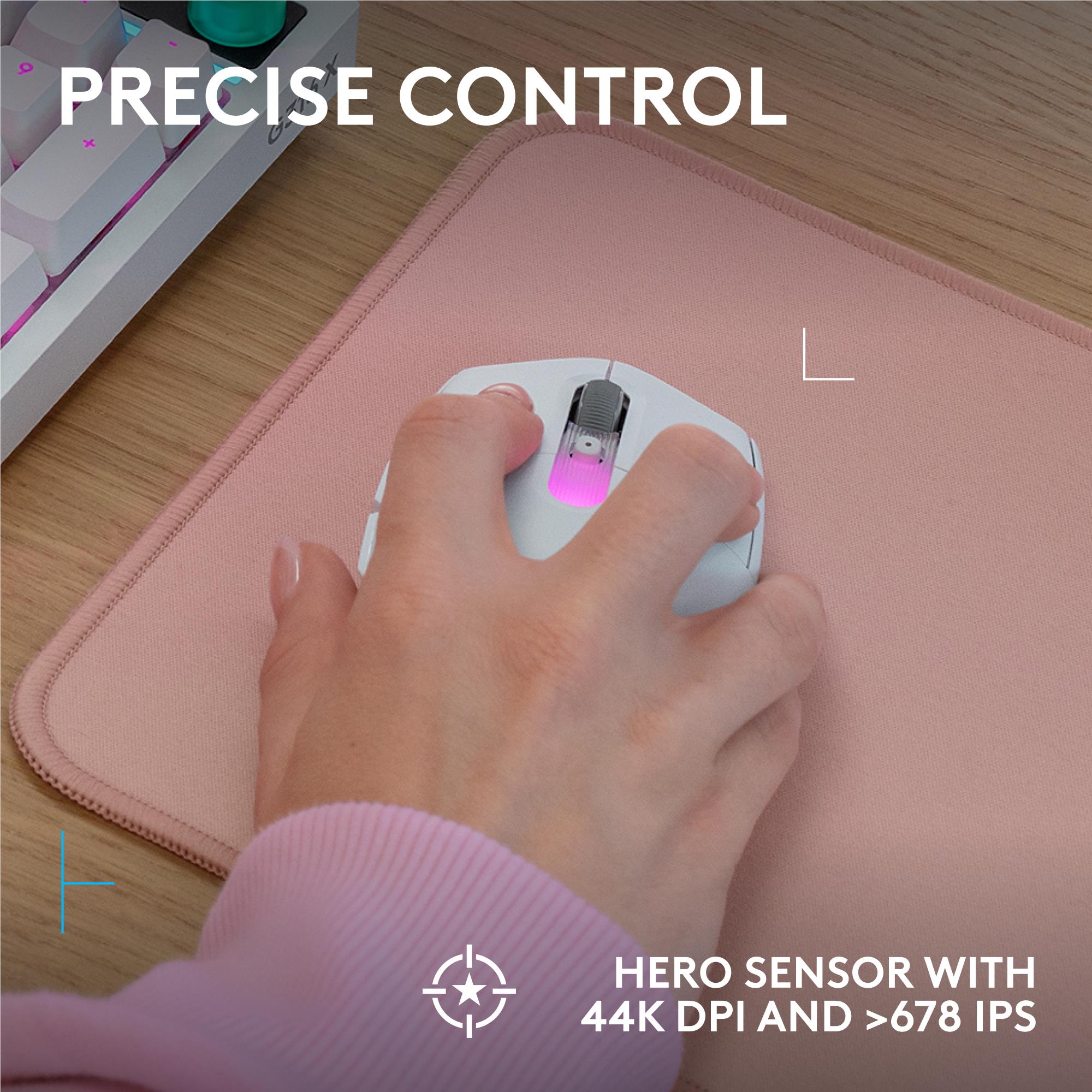 White wireless gaming mouse on a mouse pad with blue light strip and finger-touch buttons.