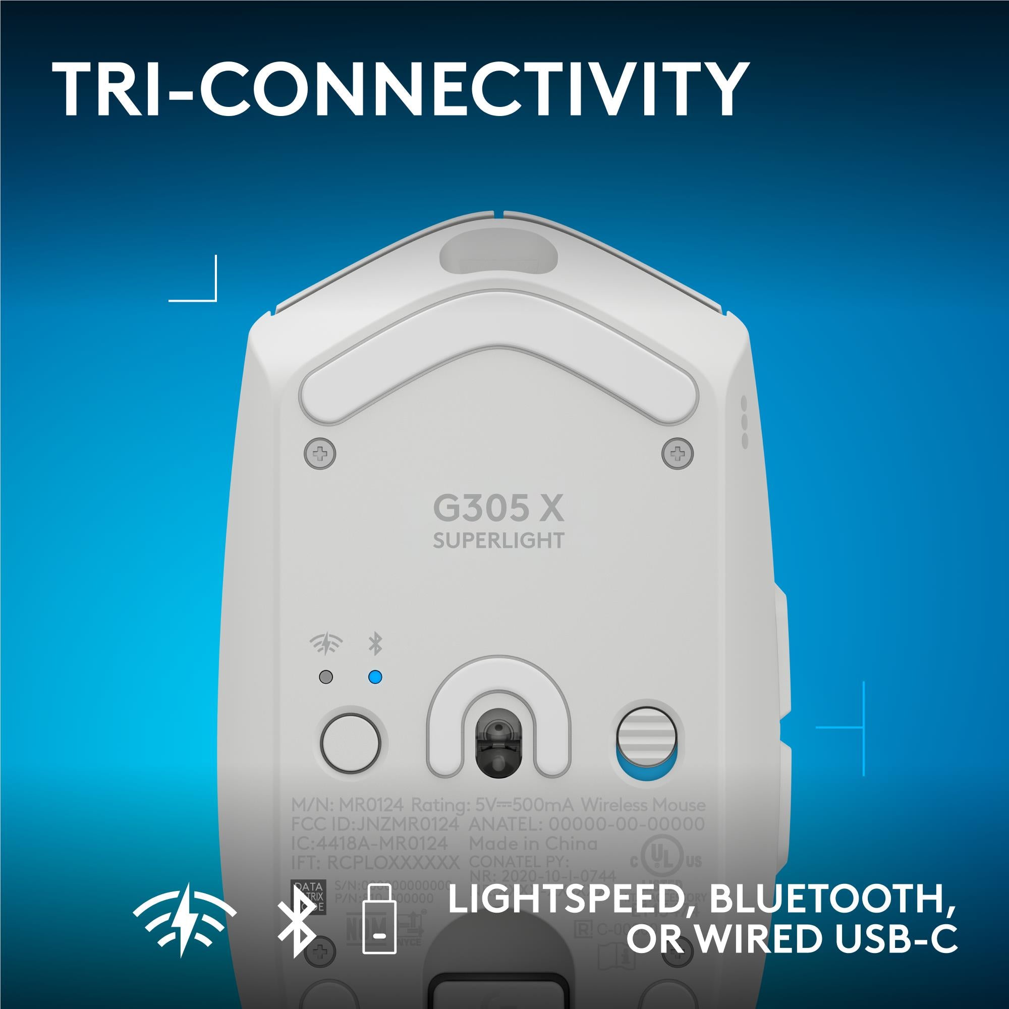 Underside of white wireless gaming mouse with connector ports and central optical sensor window.