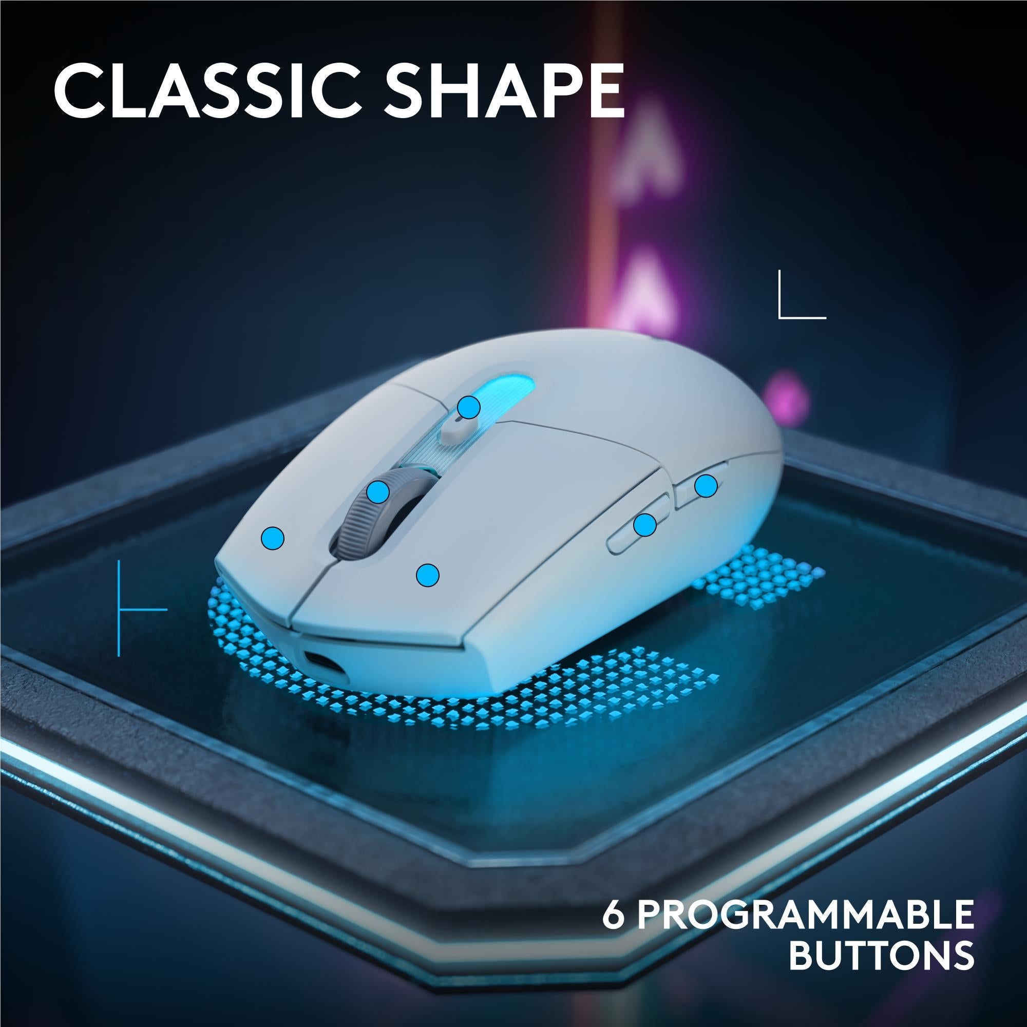 White wireless gaming mouse with blue accent dots and textured side grip.