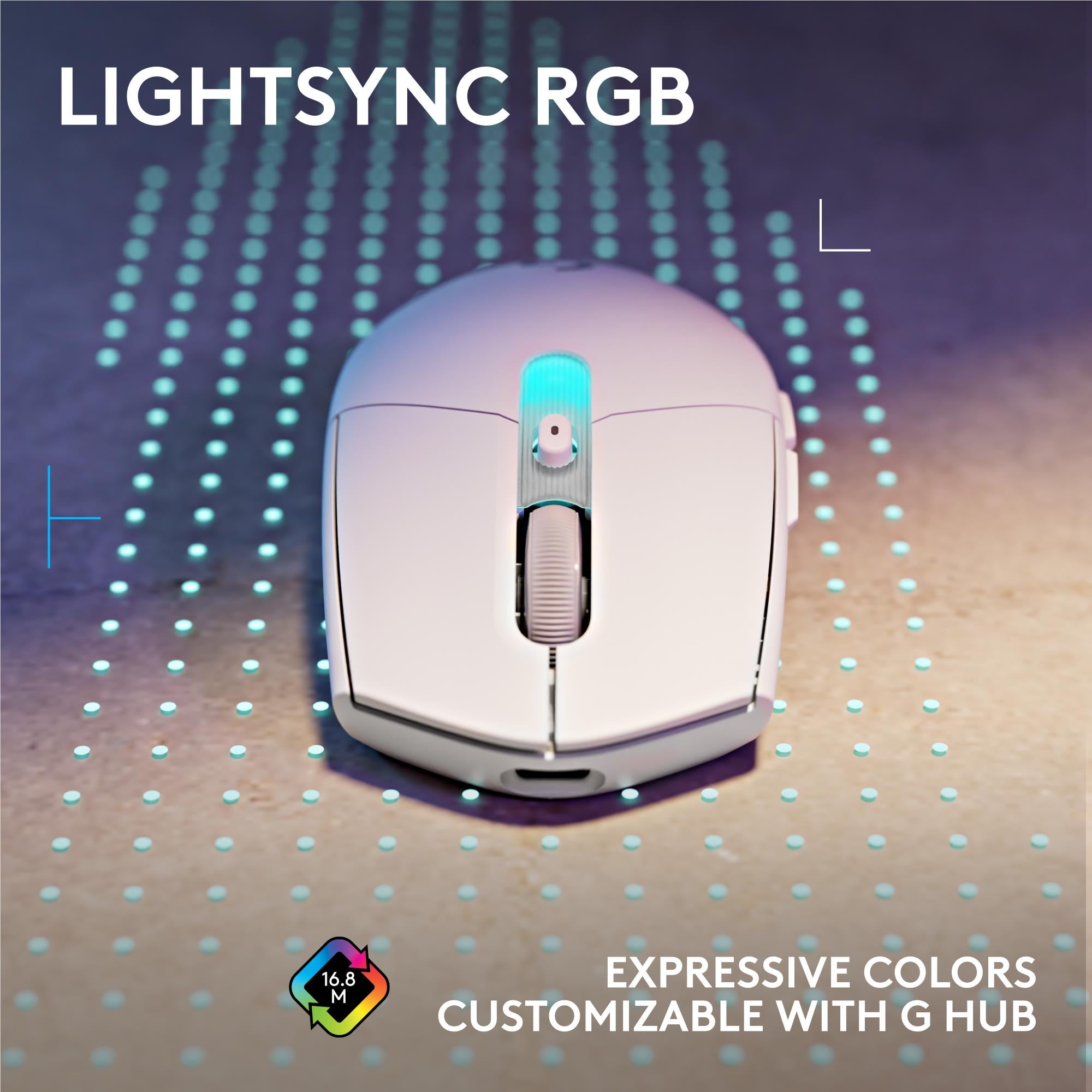 Front view of white wireless gaming mouse with blue Lightsync strip and centered scroll wheel.