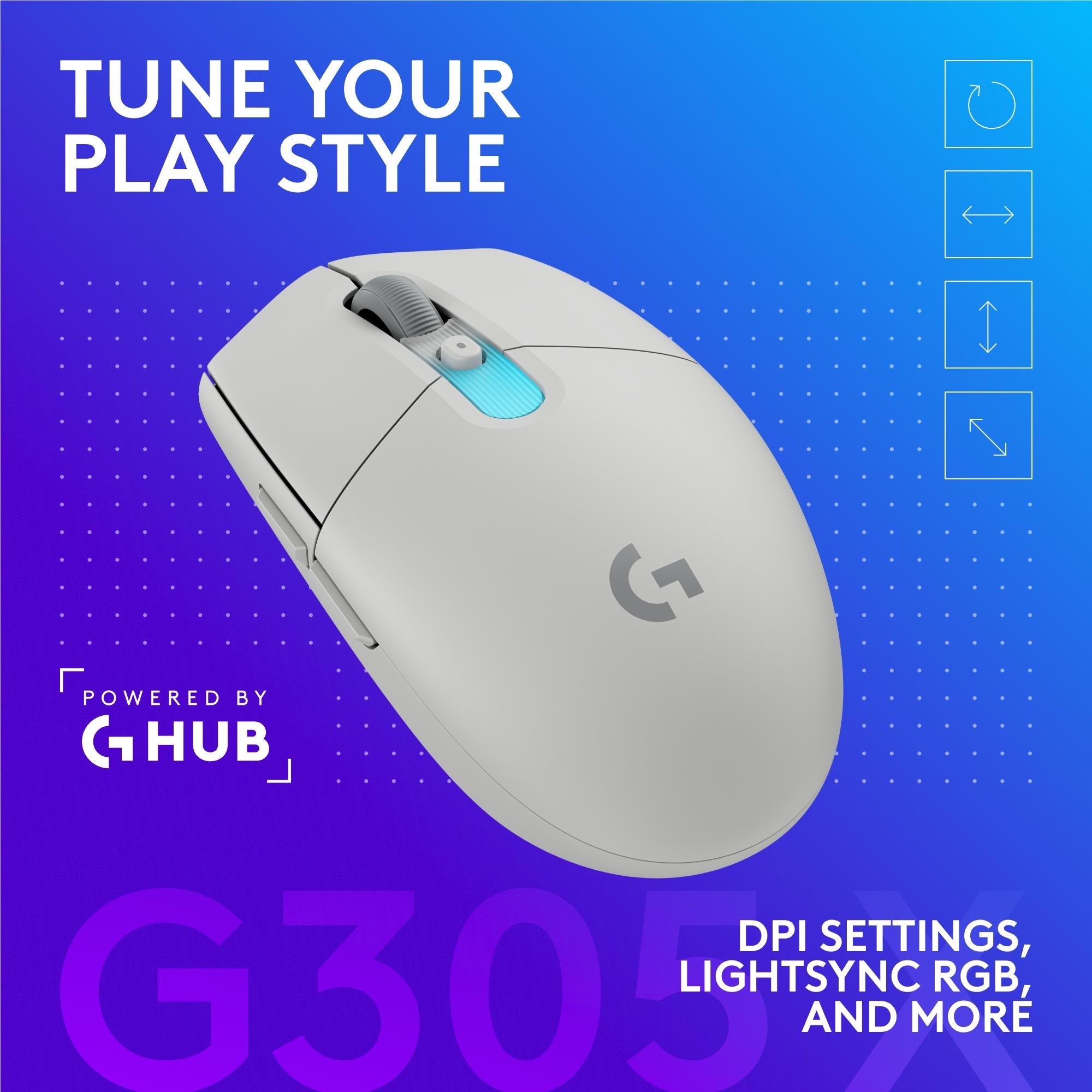 Angled view of white wireless gaming mouse with blue top LED and ergonomic curved shell.