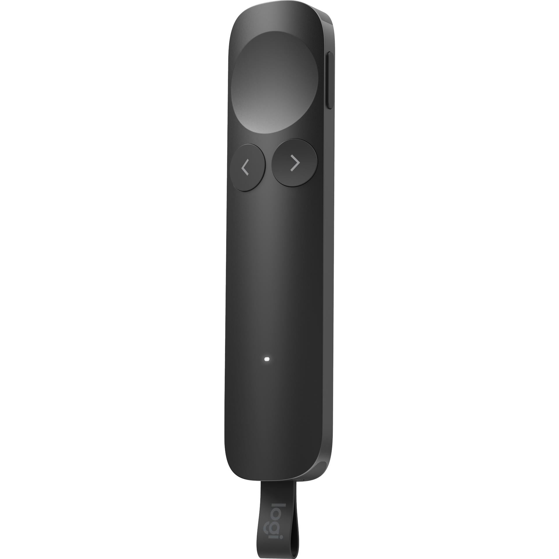 Graphite wireless presentation remote with circular top button and navigation controls